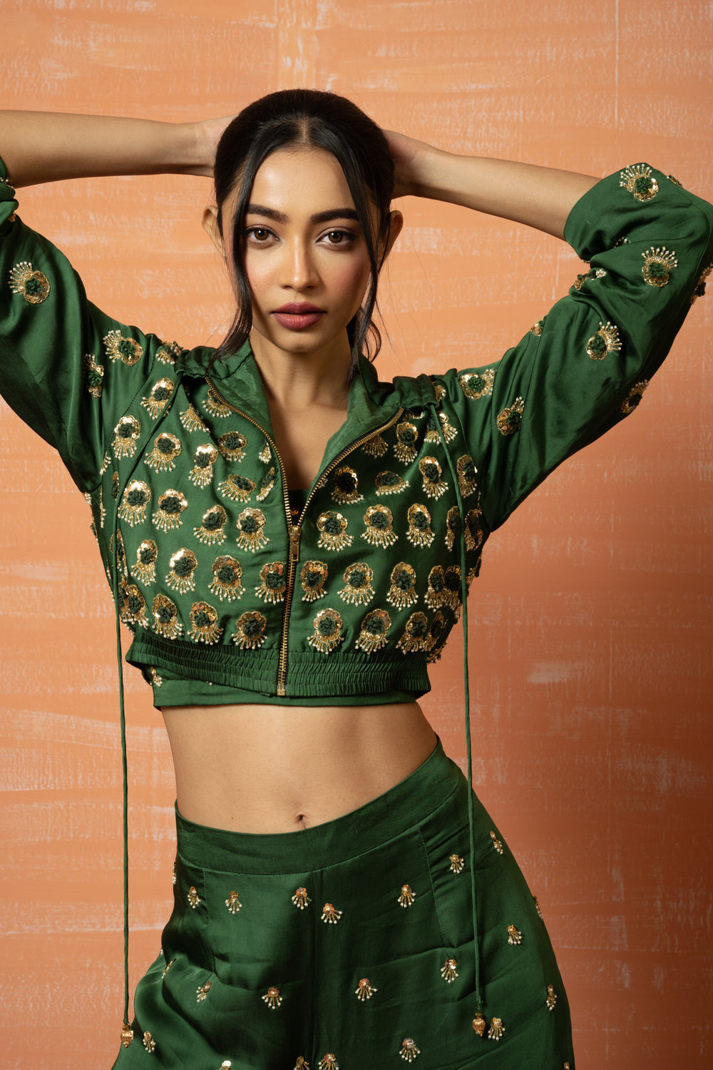 Green Hand Embroidered Hoodie And Palazzo Pant Set - Auraya Fashion 