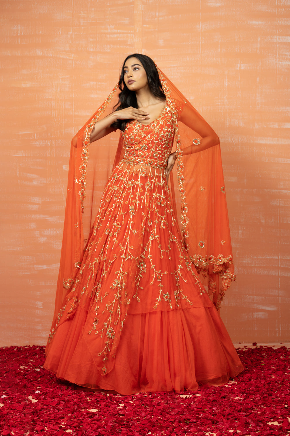 Orange Zardosi Embroidered Lehenga Set - Auraya Fashion - Quench A Thirst - 