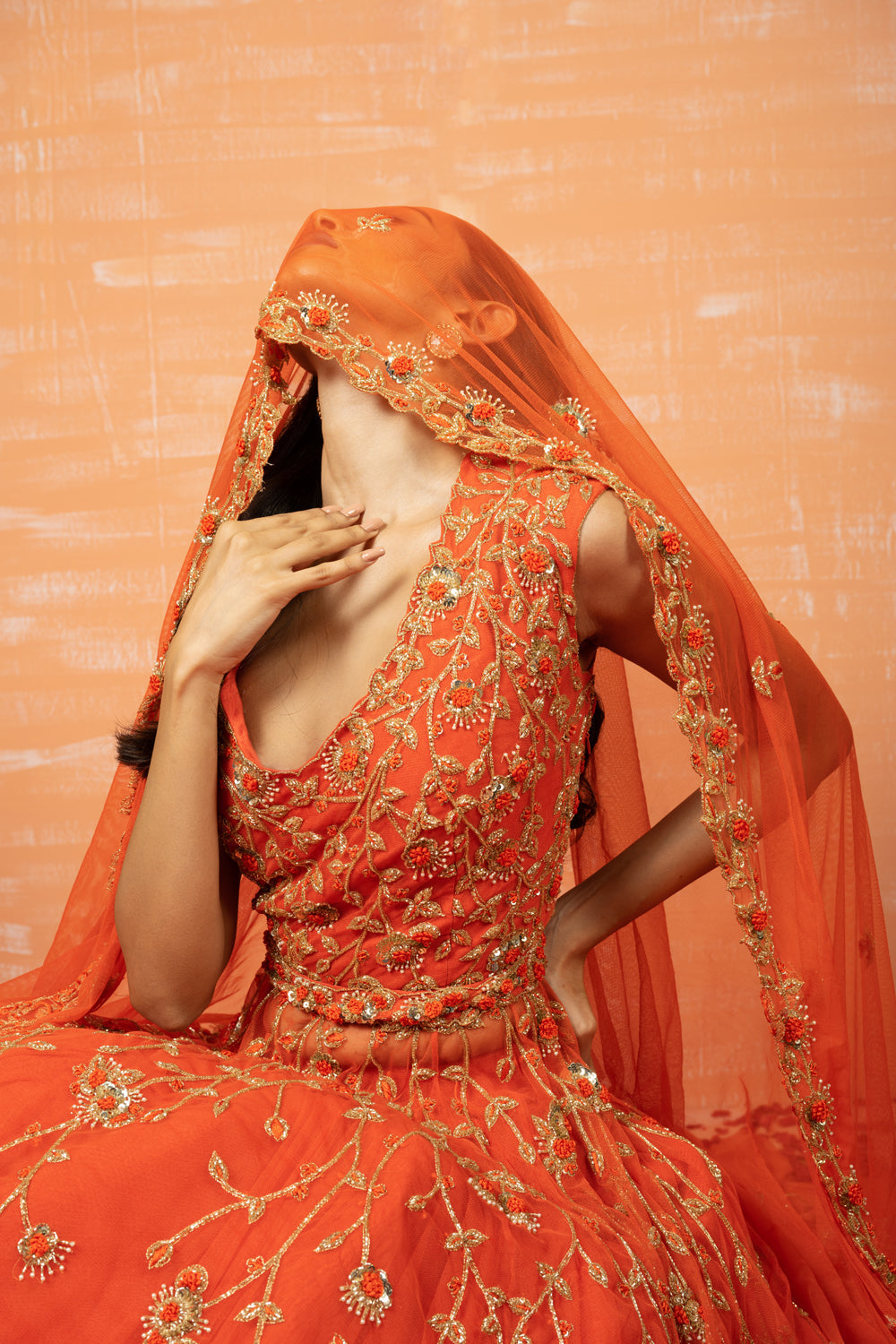 Orange Zardosi Embroidered Lehenga Set - Auraya Fashion 