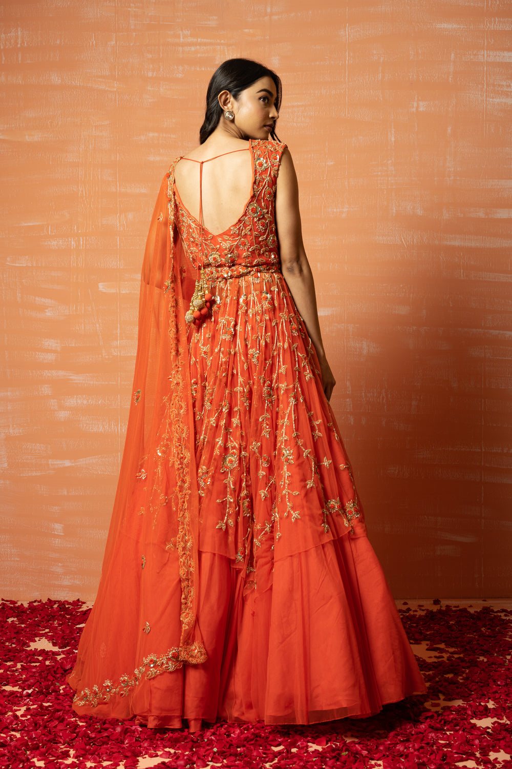Orange Zardosi Embroidered Lehenga Set - Auraya Fashion 