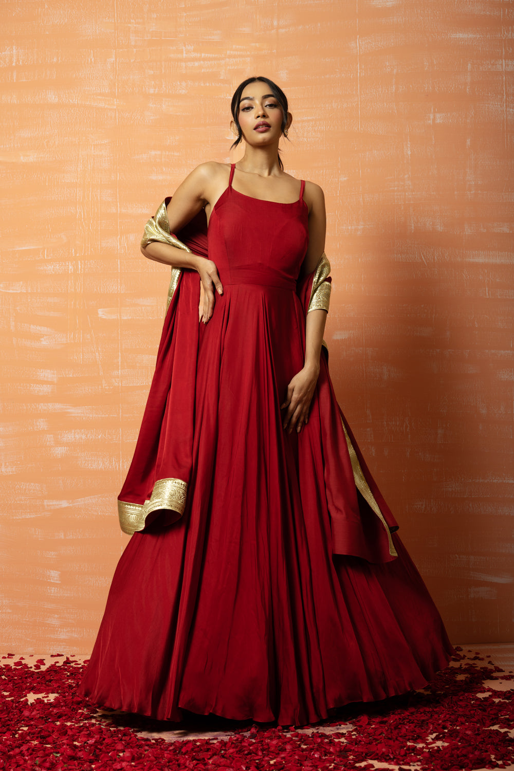 Deep Red Modal Gown With Dupatta - Auraya Fashion 