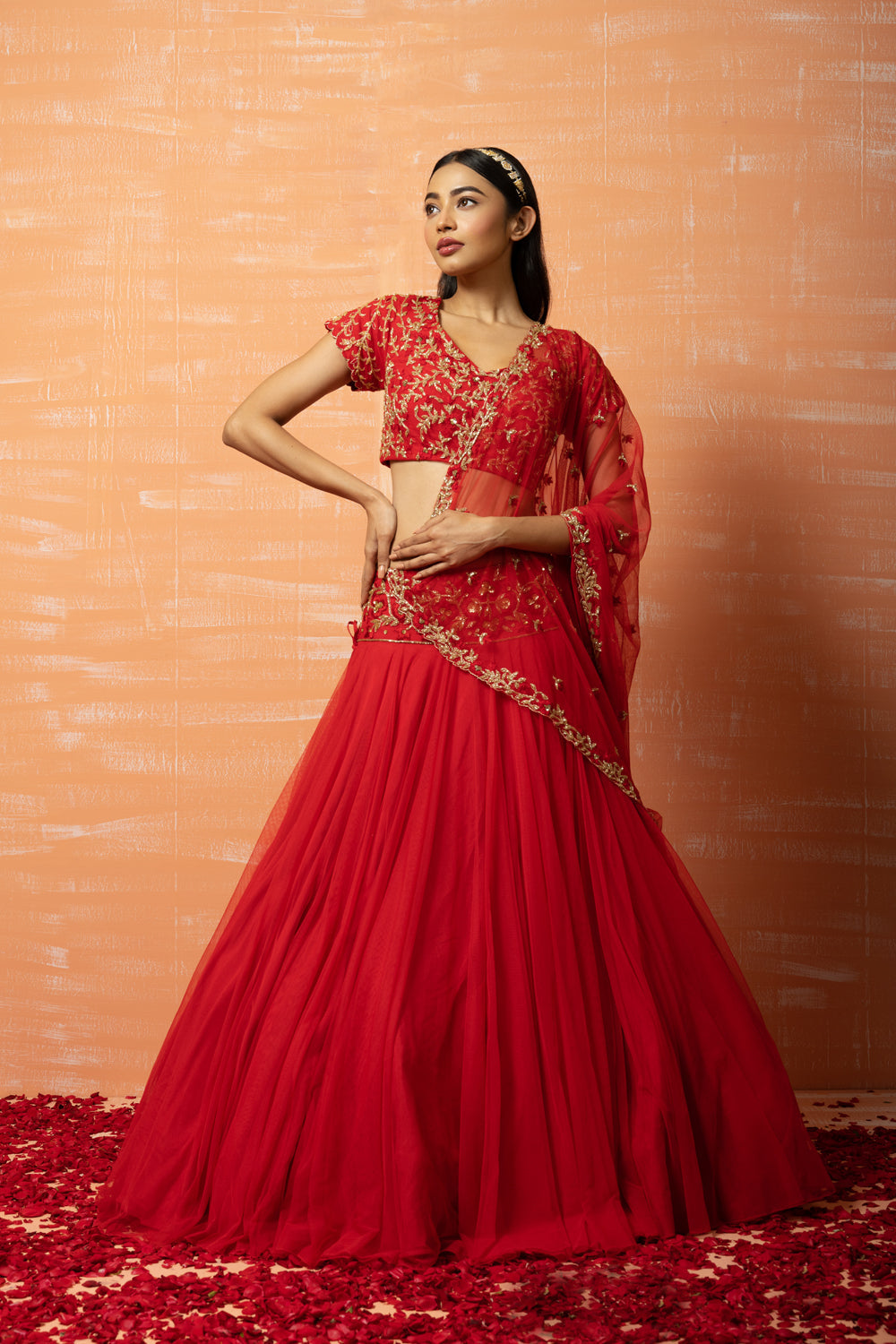 Red Hand Embroidered Net Lehenga Set - Auraya Fashion - Quench A Thirst - 