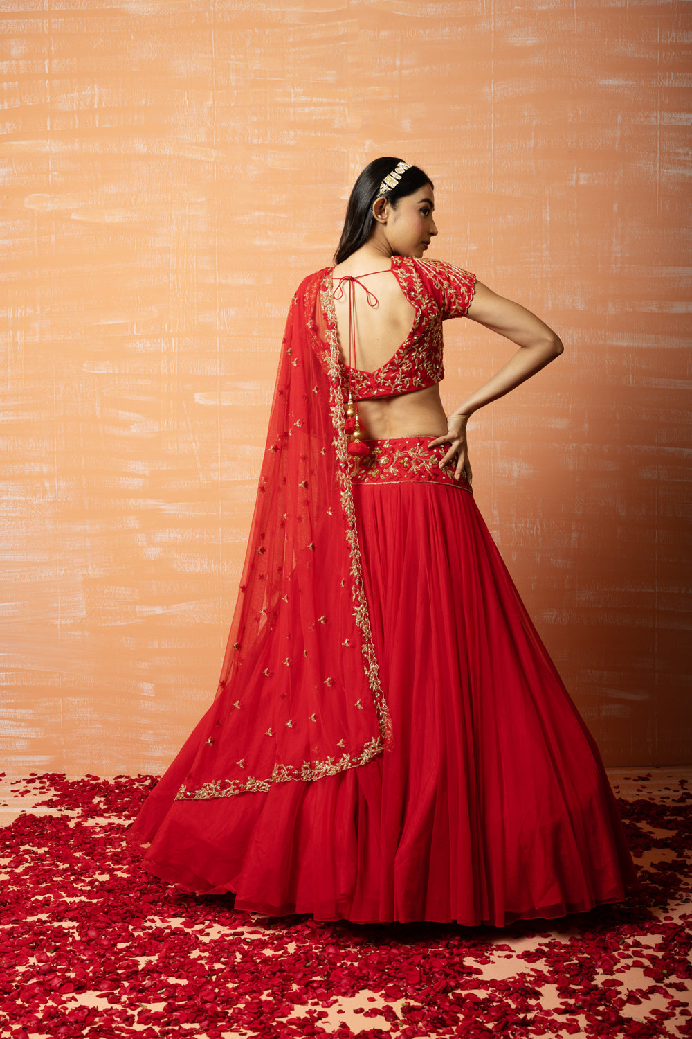 Red Hand Embroidered Net Lehenga Set - Auraya Fashion 