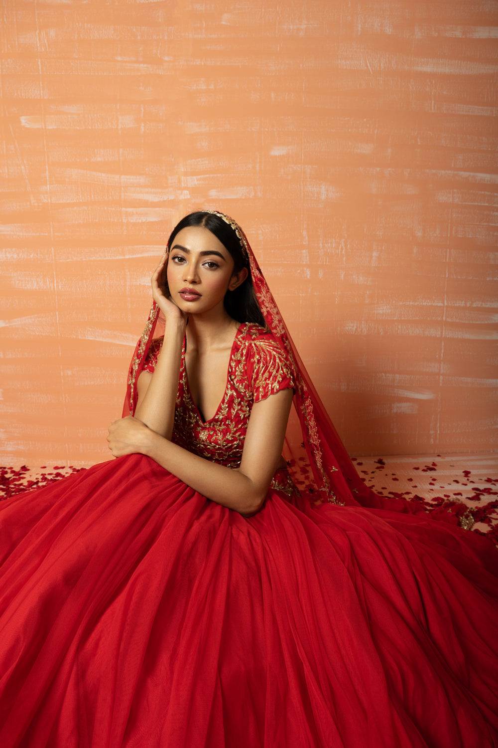Red Hand Embroidered Net Lehenga Set - Auraya Fashion 