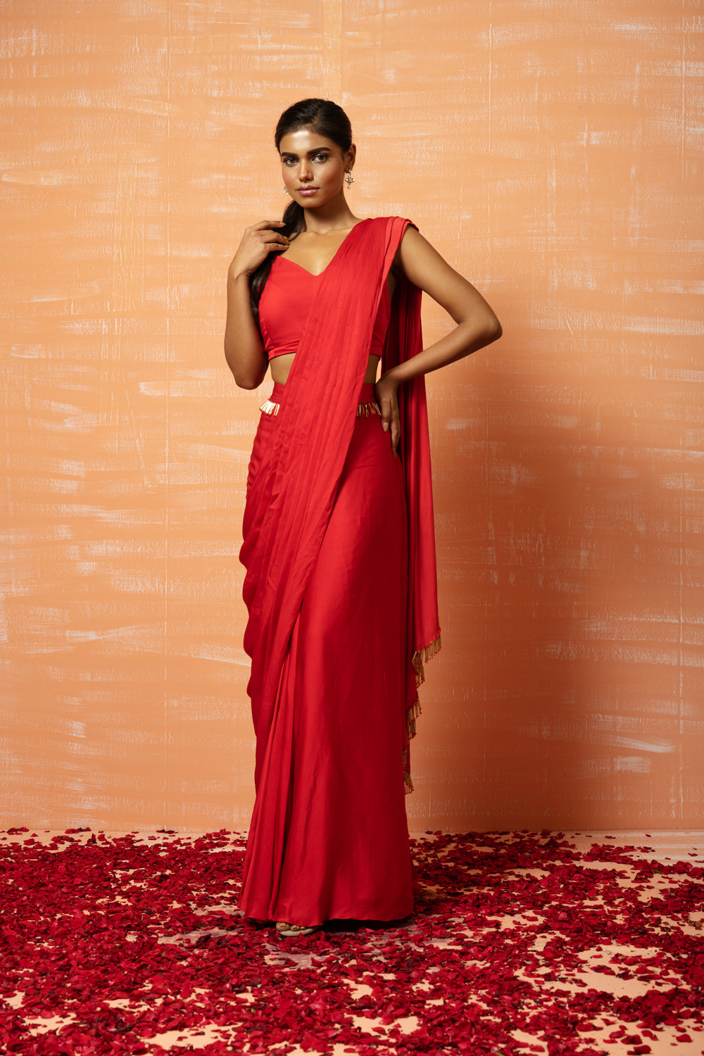 Red Pre-Stitched Saree With Lace Work - Auraya Fashion - Quench A Thirst - 