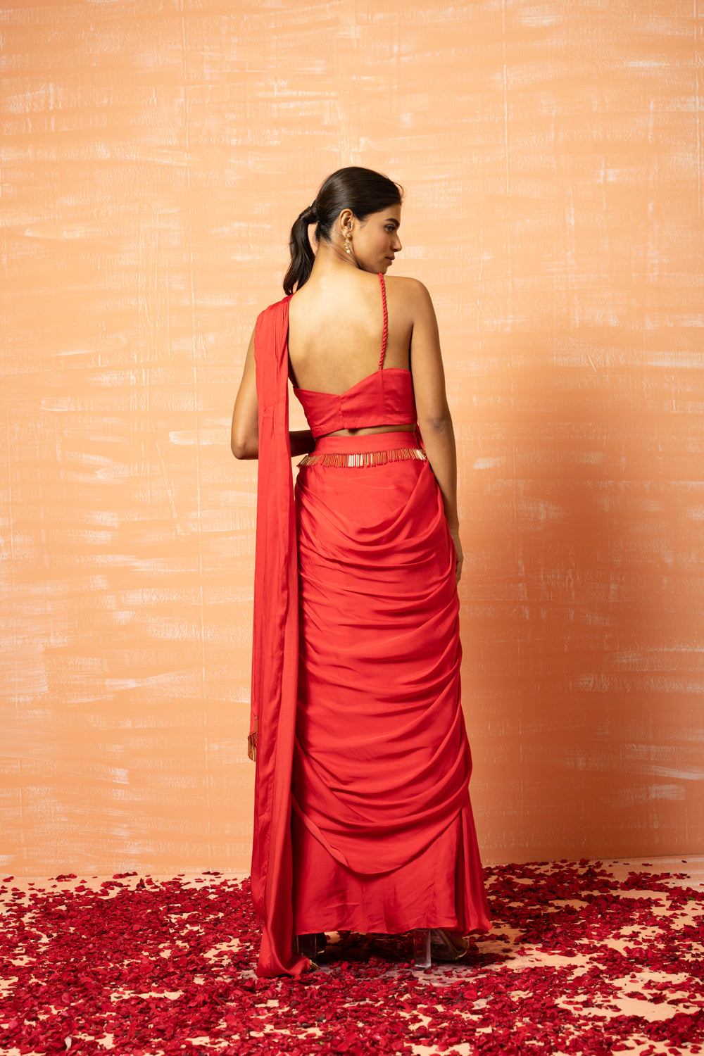 Red Pre-Stitched Saree With Lace Work - Auraya Fashion 