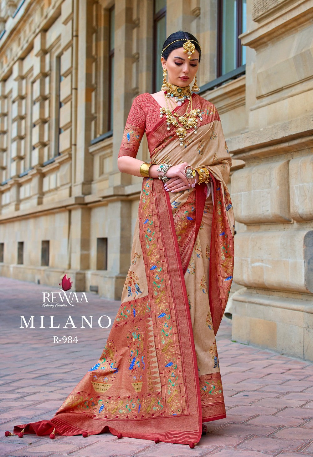 Beige Red Soft silk Milano saree