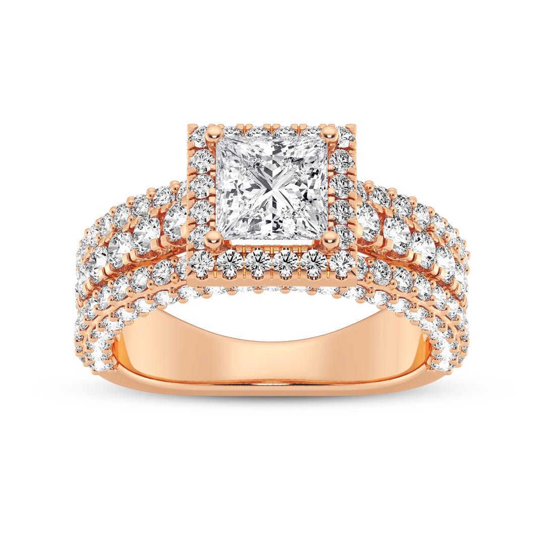 1ct Three Row Princess with Halo  Engagement Ring