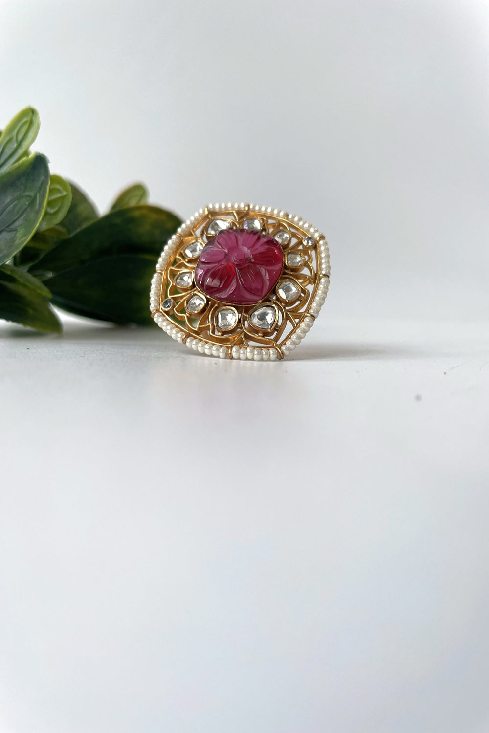 Gold Finish Kundan Ring With Pink Carved Stone - Auraya Fashion - Studio6 Jewels - #tag1# - #tag2# - #tag3# - #tag3#