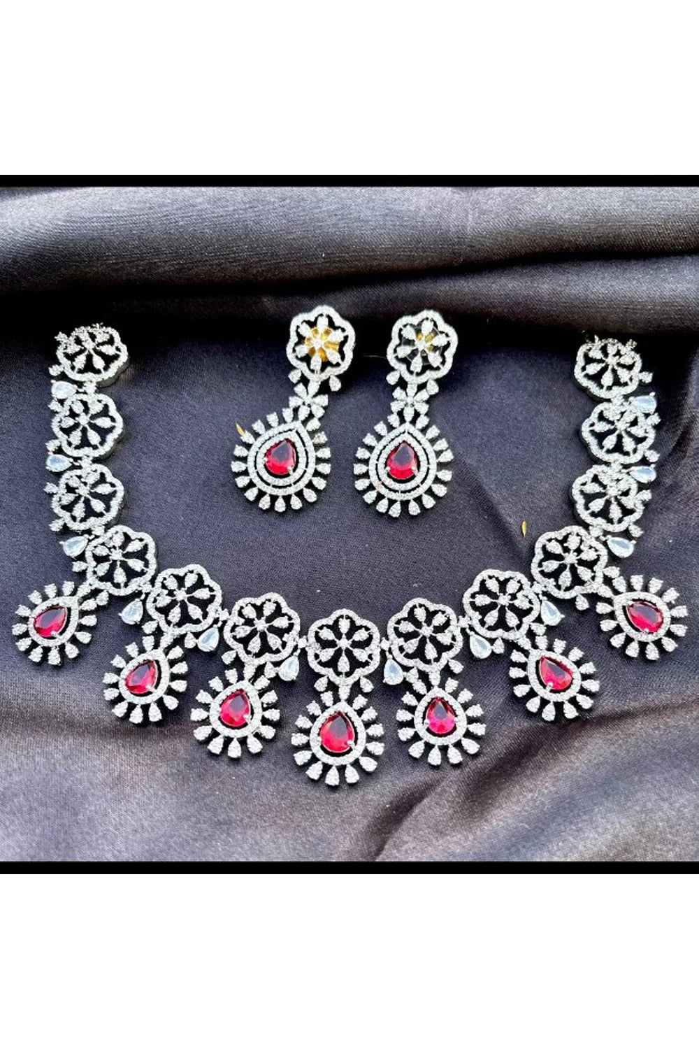 Designer American Diamond Necklace Set With Ruby Stones - Auraya Fashion - Putstyle - #tag1# - #tag2# - #tag3# - #tag3#