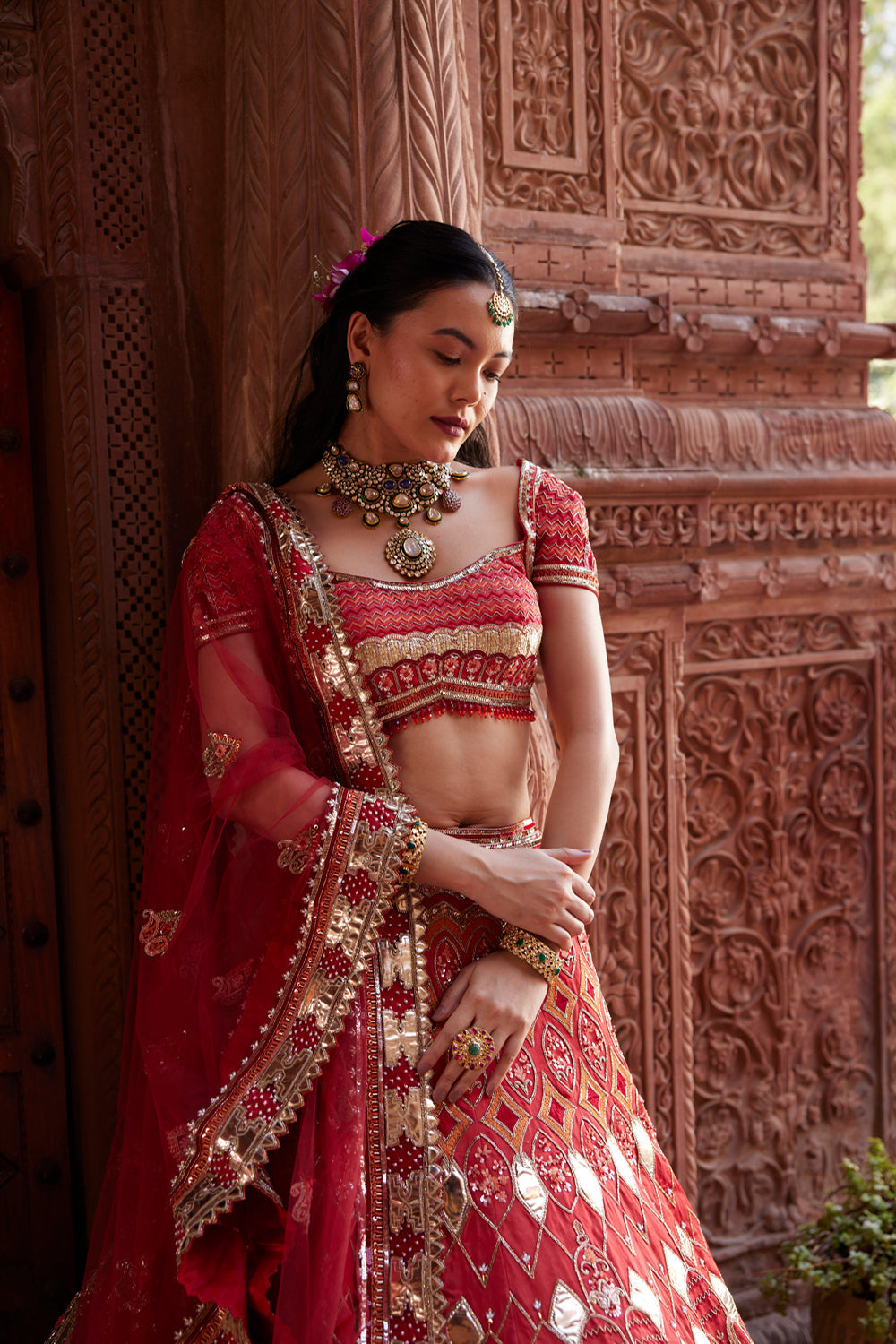 "Randhra" Coral Hand Embroidered Lehenga Set