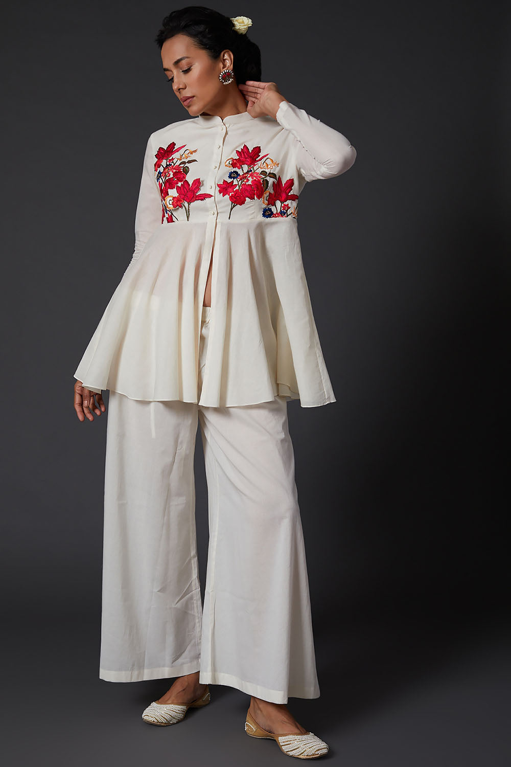 Ivory Embroidered Peplum Top With Palazzo Pants - Auraya Fashion - Rohit Bal - #tag1# - #tag2# - #tag3# - #tag3#