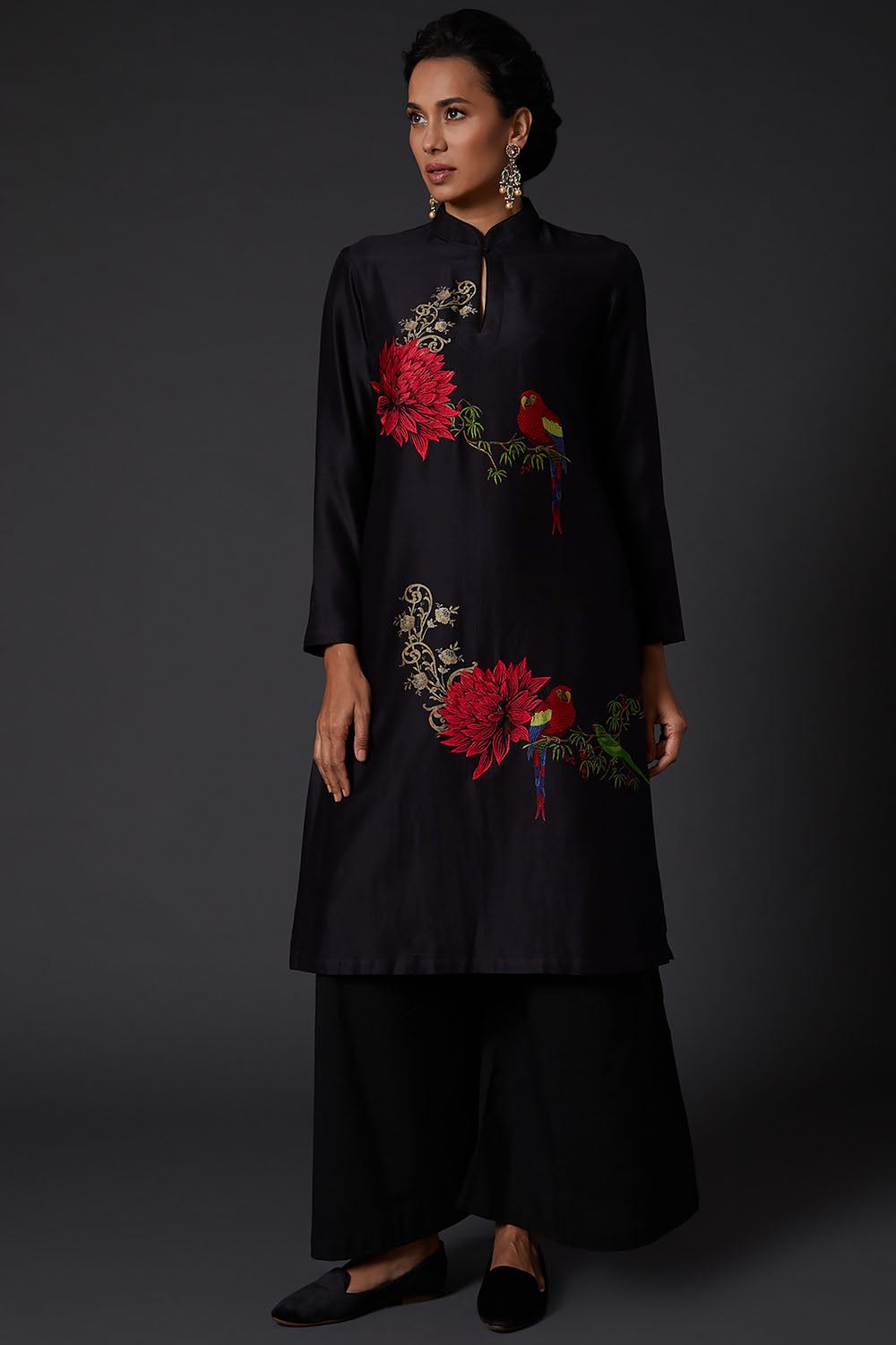 Black Printed & Embroidered Chanderi Silk Kurta Set - Auraya Fashion - Rohit Bal - #tag1# - #tag2# - #tag3# - #tag3#