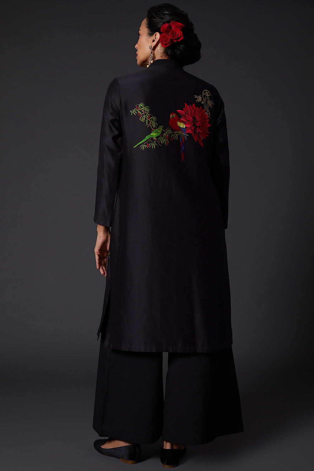 Black Printed & Embroidered Chanderi Silk Kurta Set - Auraya Fashion -  - #tag1# - #tag2# - #tag3# - #tag3#