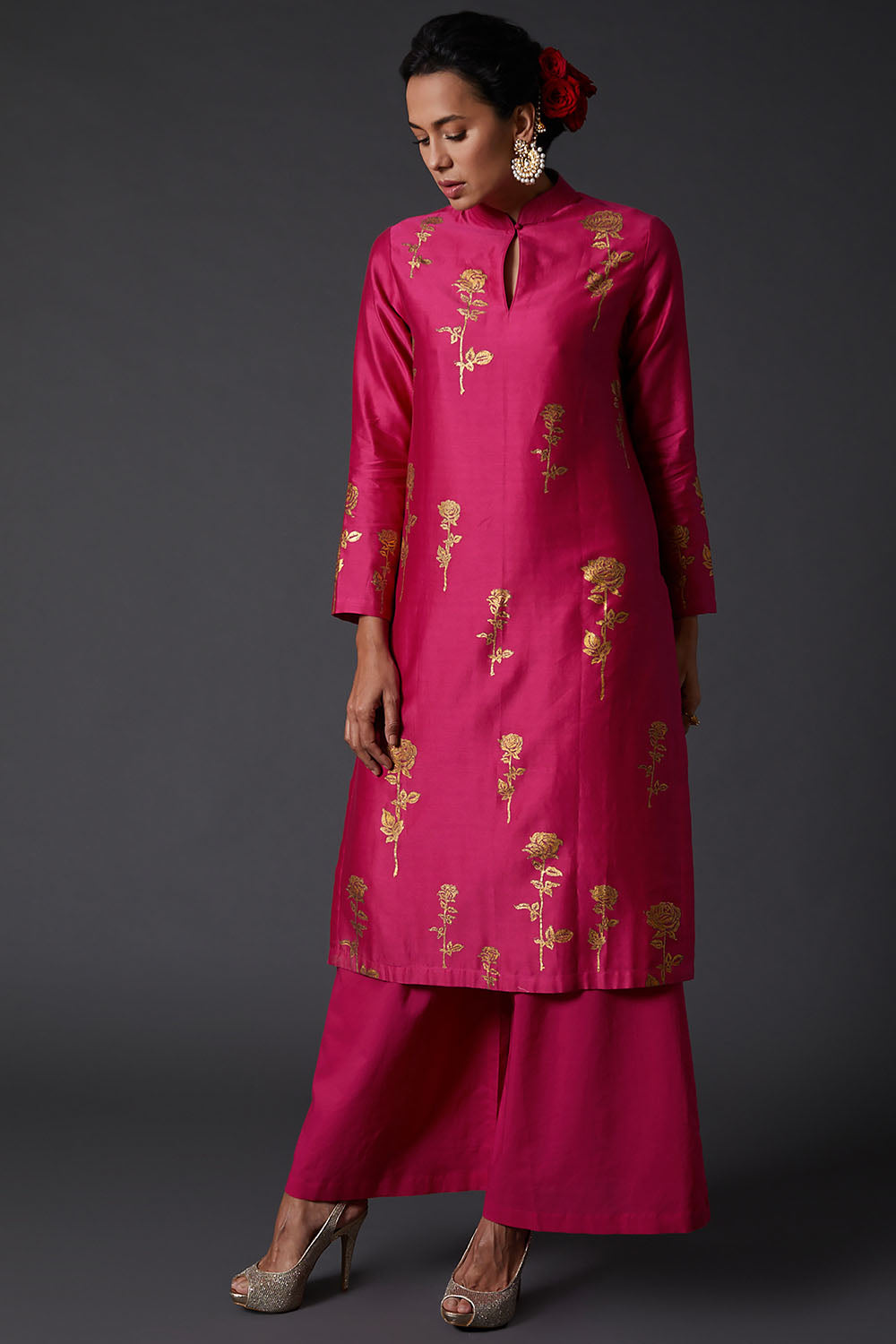 Fuchsia Block Printed Kurta Set In Chanderi Silk - Auraya Fashion - Rohit Bal - #tag1# - #tag2# - #tag3# - #tag3#