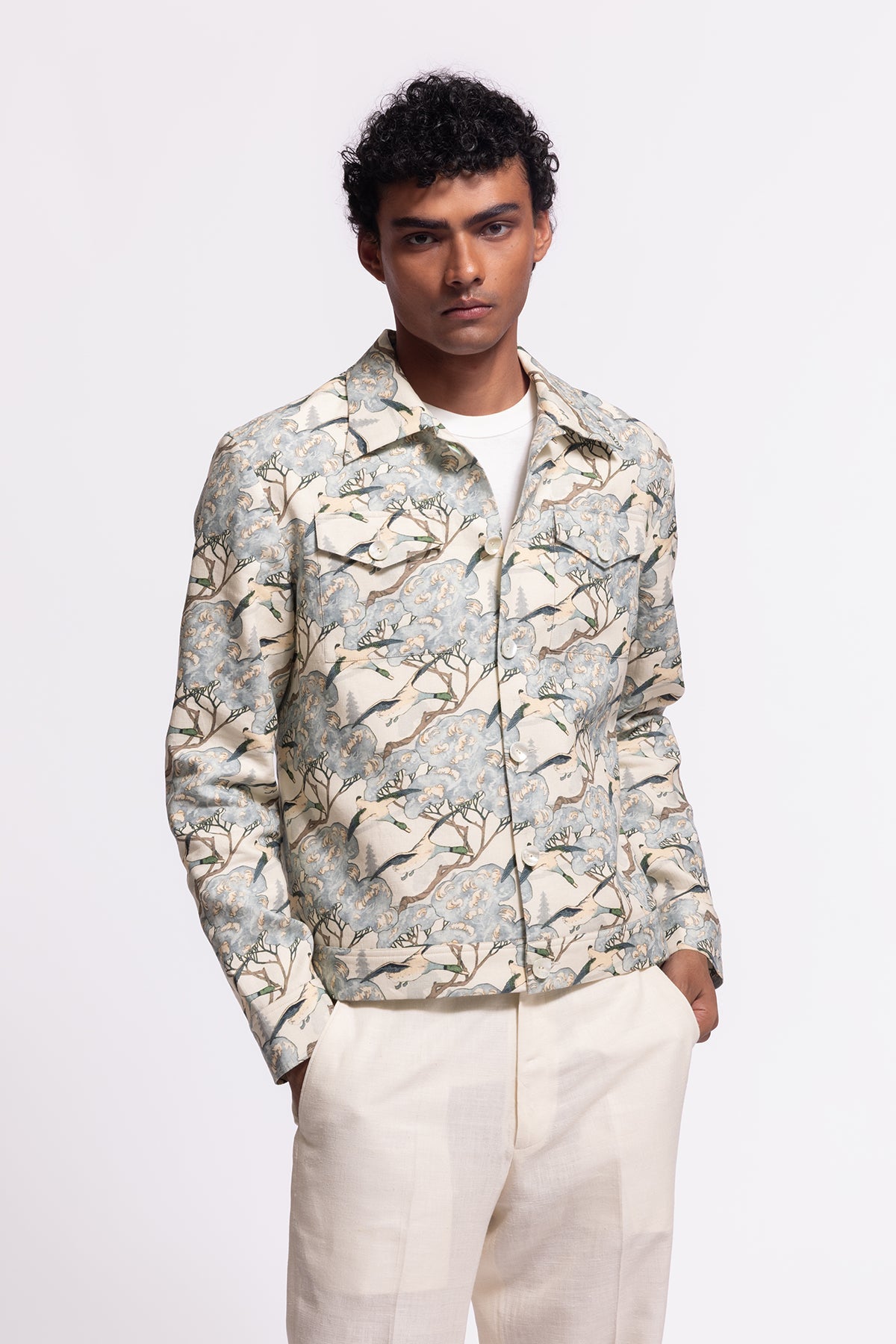 Men's Ivory Printed Linen Jacket with Pockets