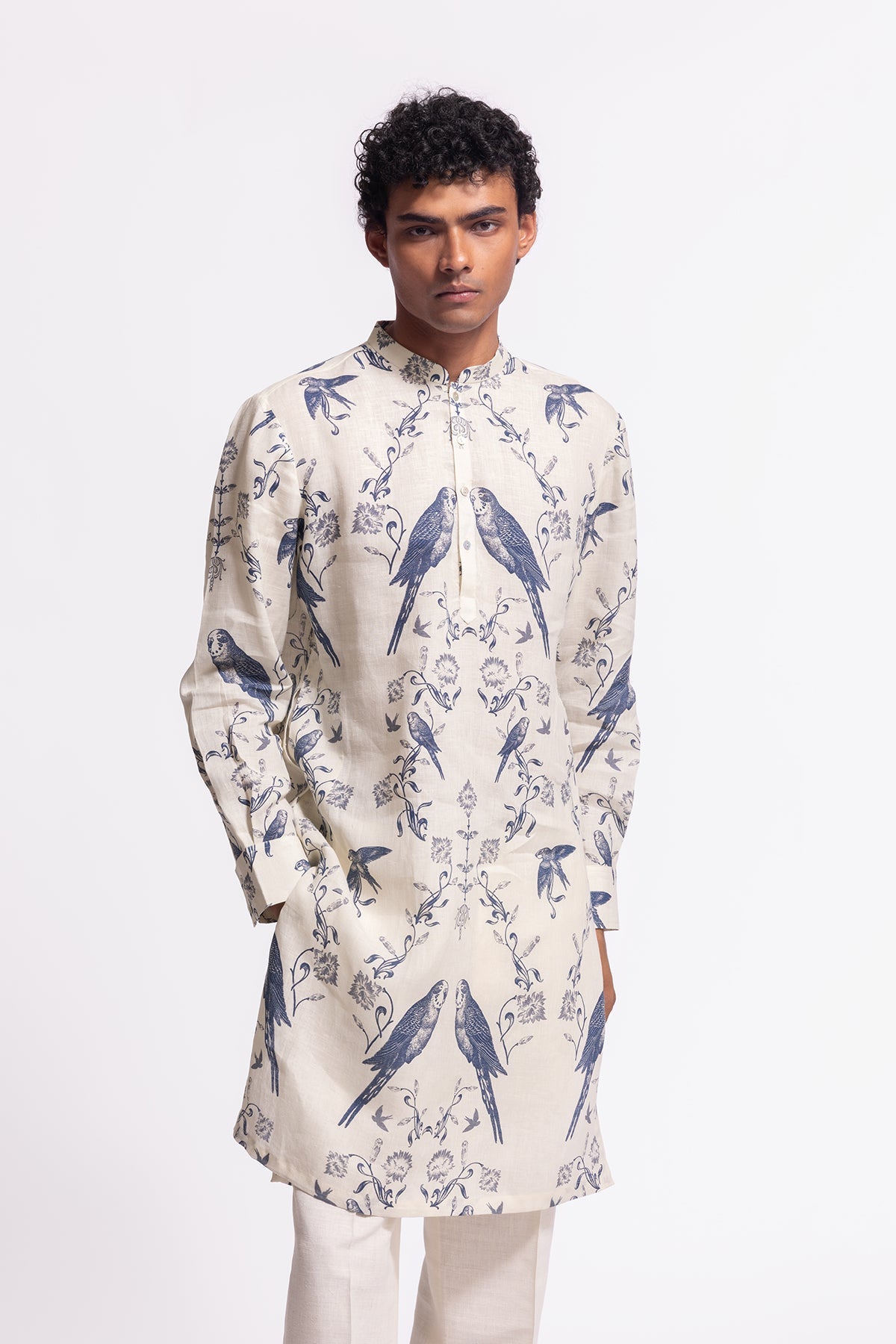 Men's Floral Printed Linen Short Kurta