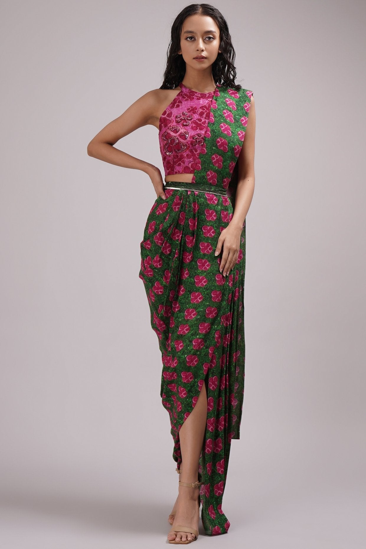 Halter Neck Blouse Draped Coel Saree Set