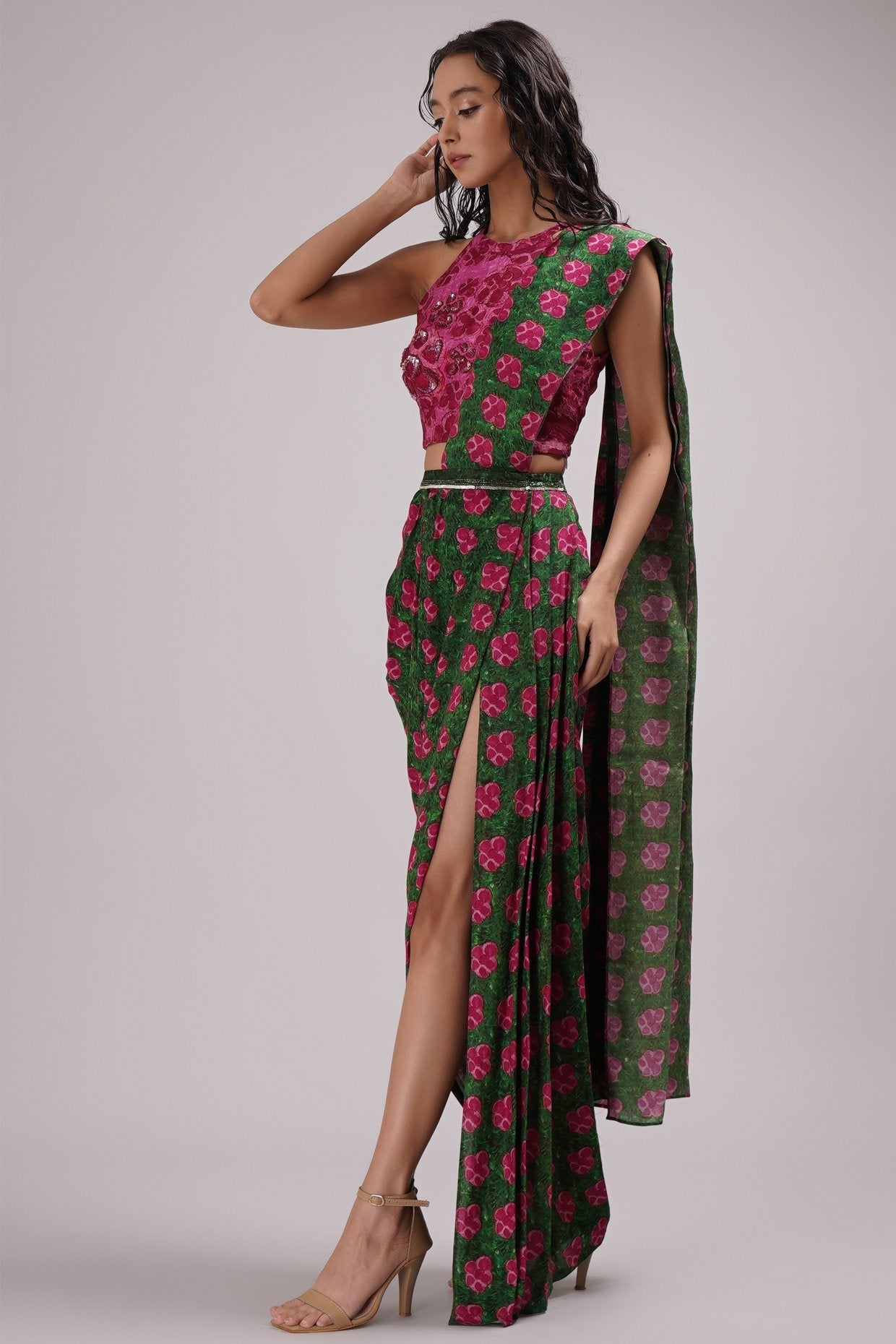Halter Neck Blouse Draped Coel Saree Set