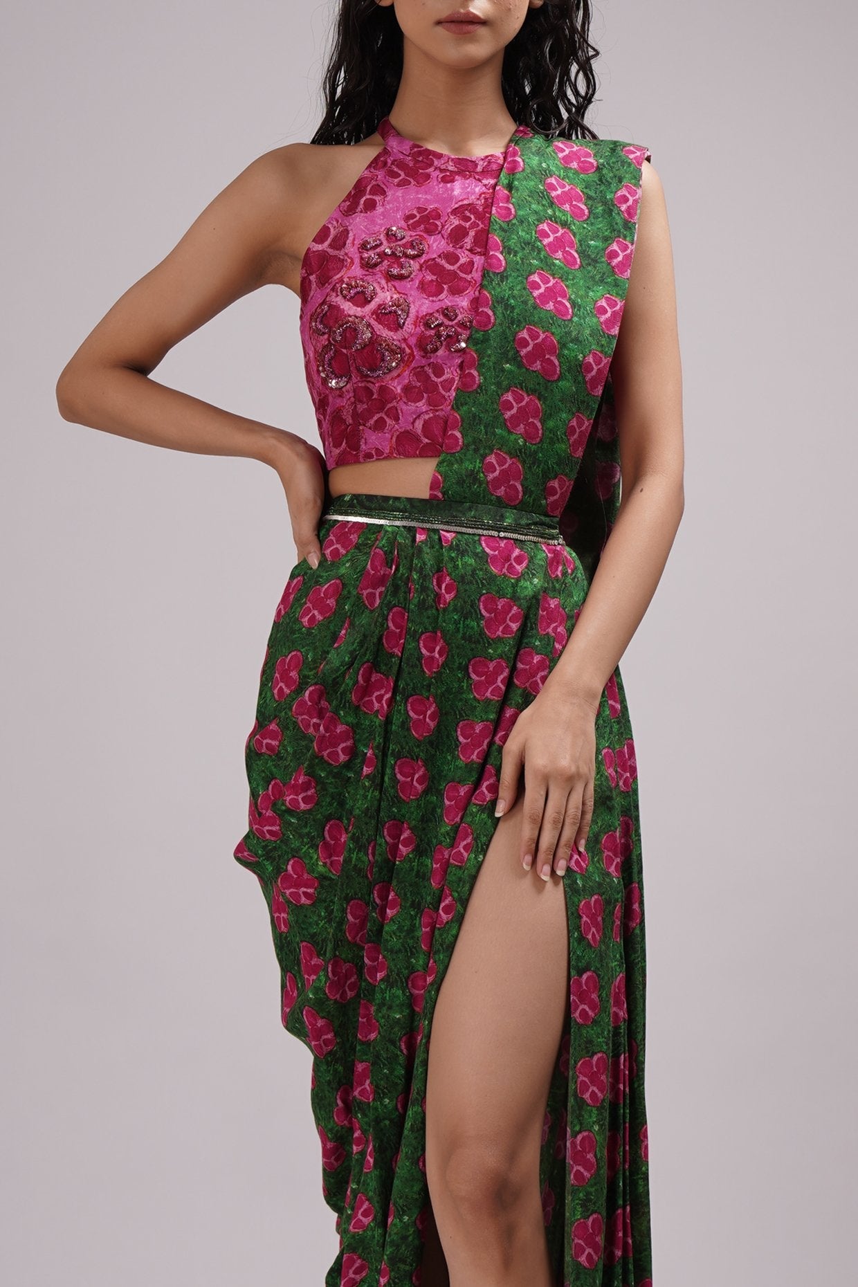 Halter Neck Blouse Draped Coel Saree Set