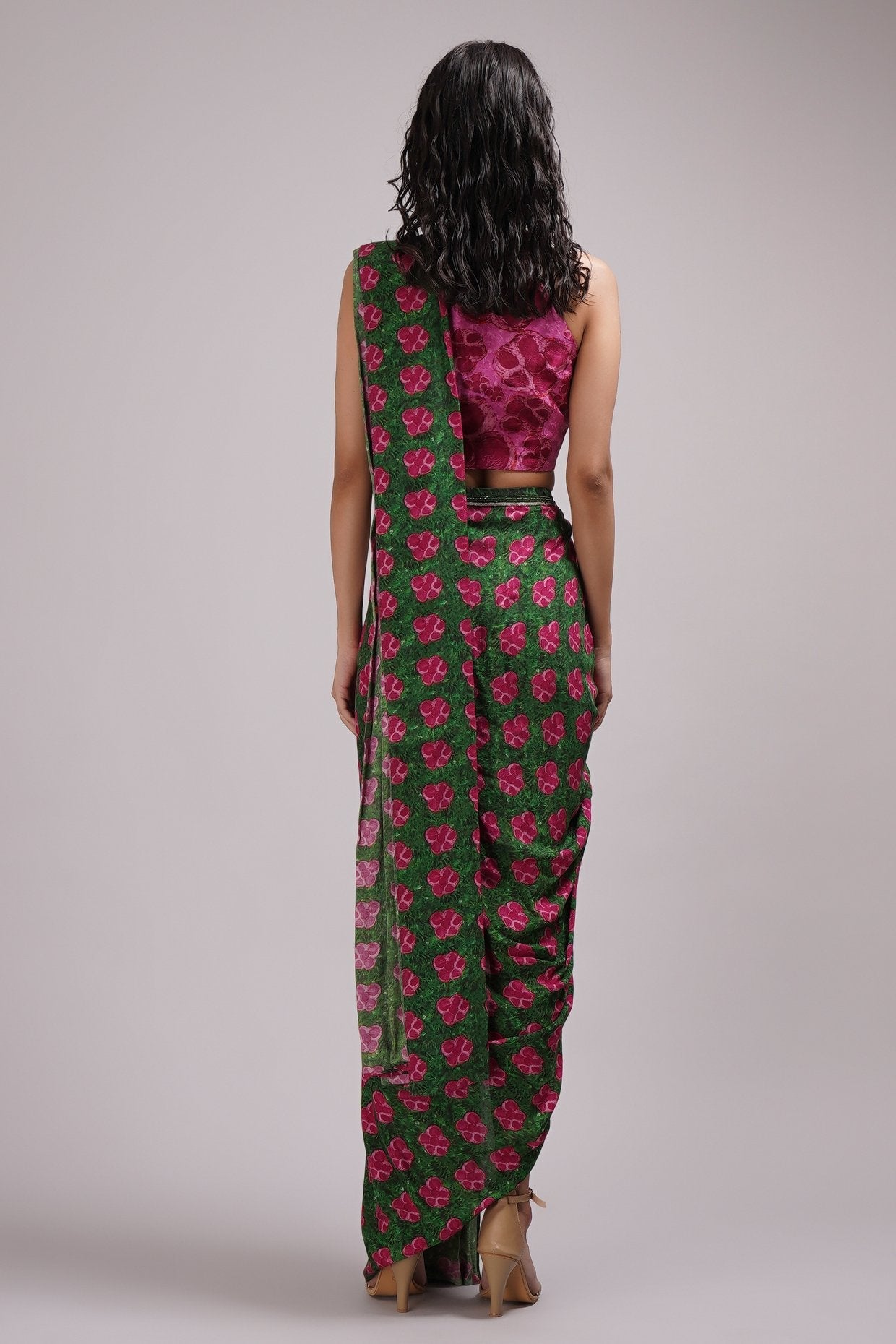 Halter Neck Blouse Draped Coel Saree Set