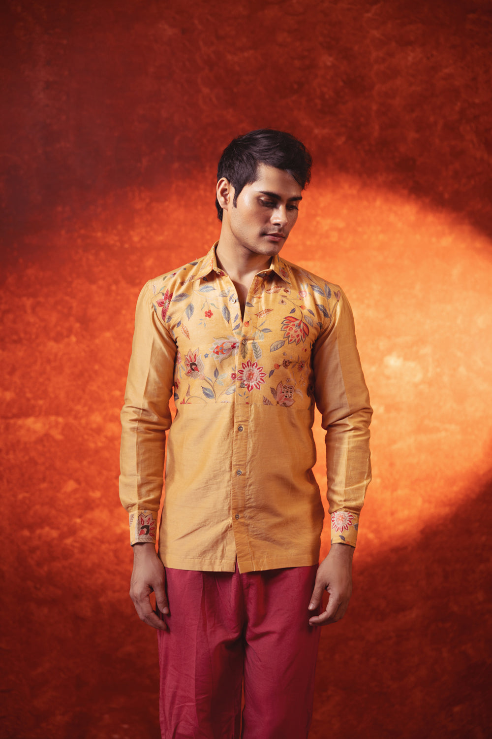 Flower Sculpt Mustard Shirt - Auraya Fashion - Ritika Gupta Men - #tag1# - #tag2# - #tag3# - #tag3#