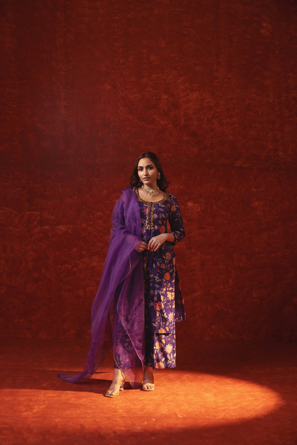 Purple Suit With Metal Embroidery With Dupatta