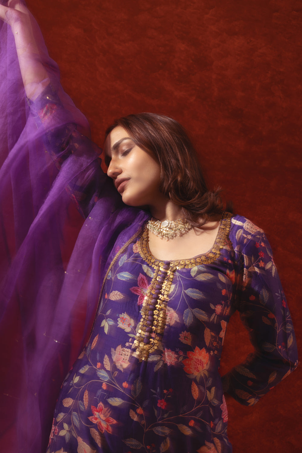 Purple Suit With Metal Embroidery With Dupatta