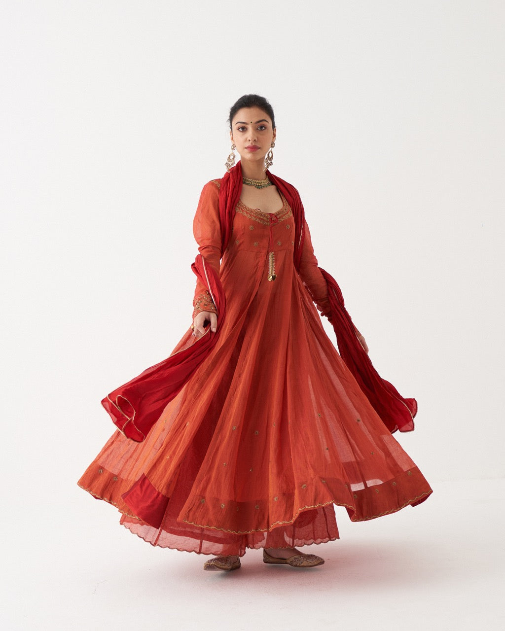SAHIRA  - SCARLET RED HANDWOVEN TISSUE CHANDERI ANARKALI