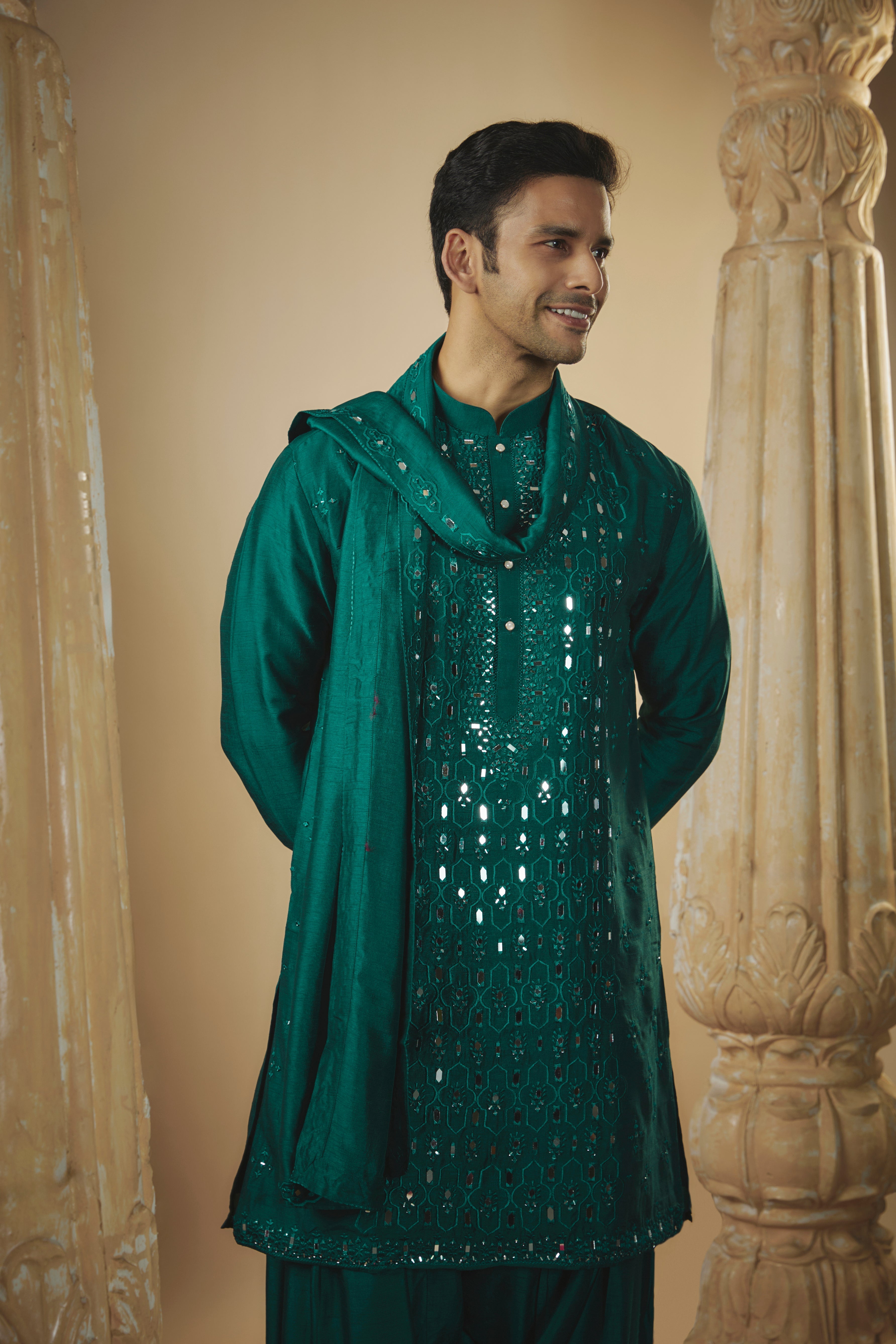 Bottle green art silk mirror embroidered patiala suit set