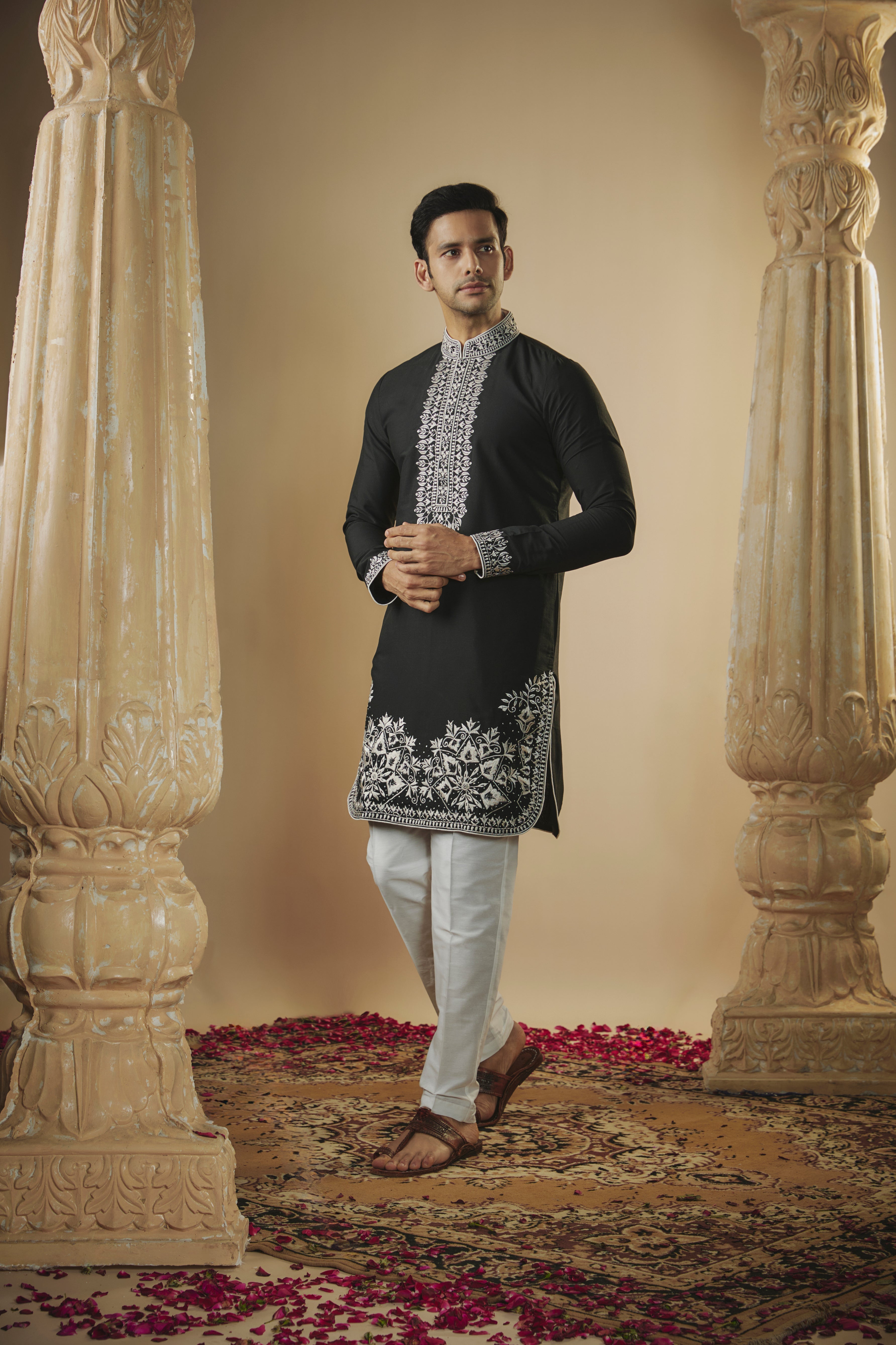 Coal black resham embroidered art silk kurta set