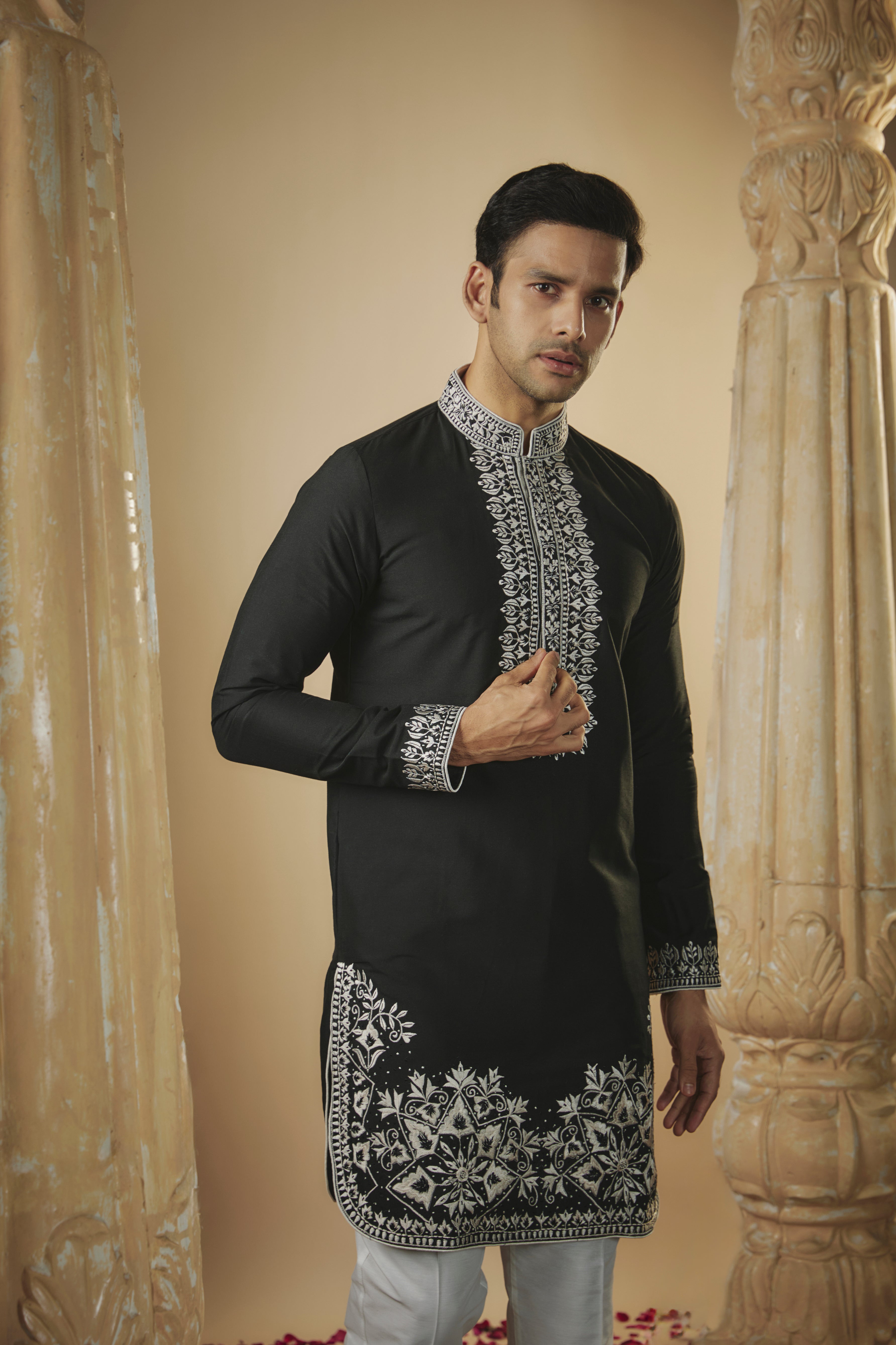 Coal black resham embroidered art silk kurta set