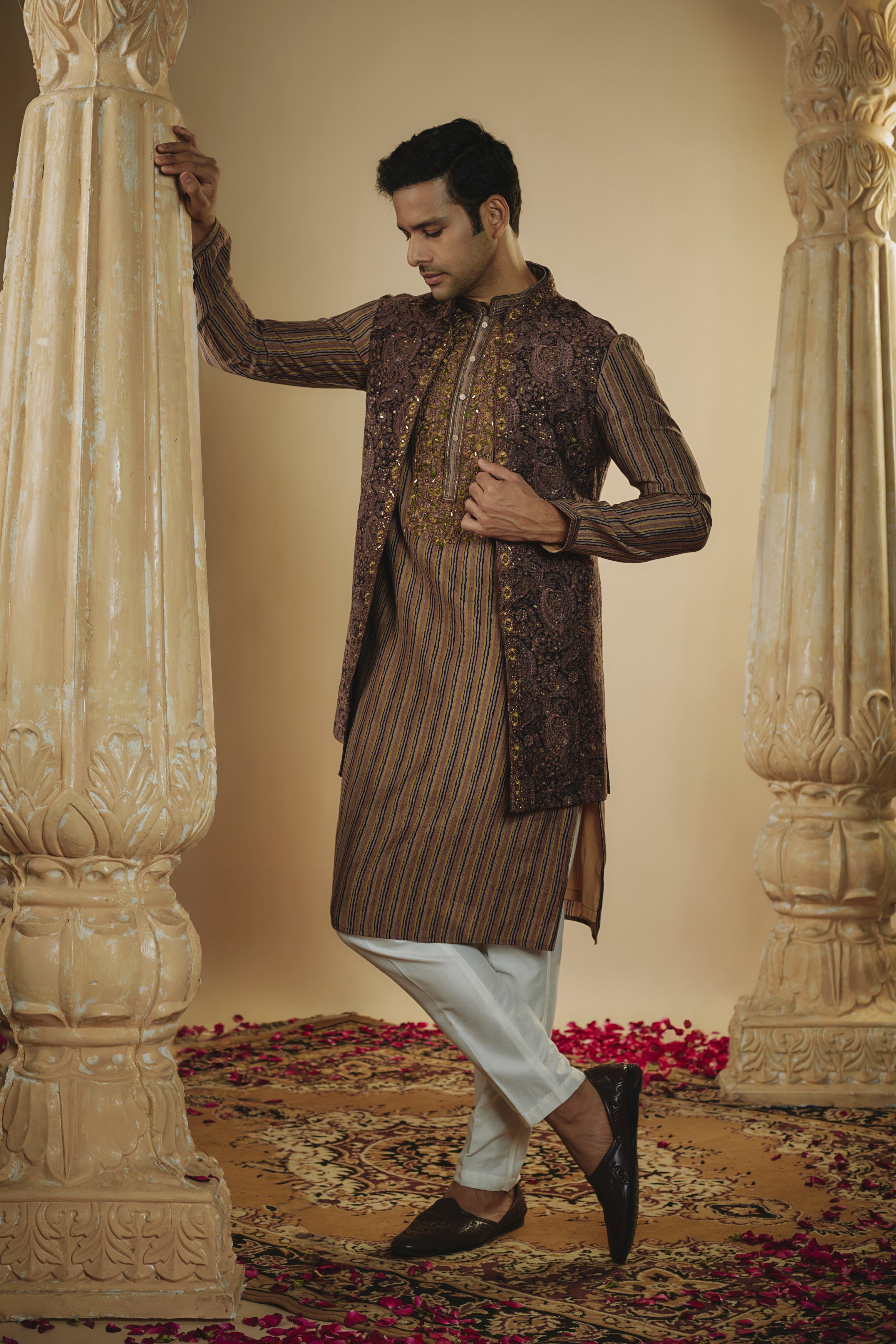 Cocoa brown art silk mirror and thread embroidered kurta jacket set