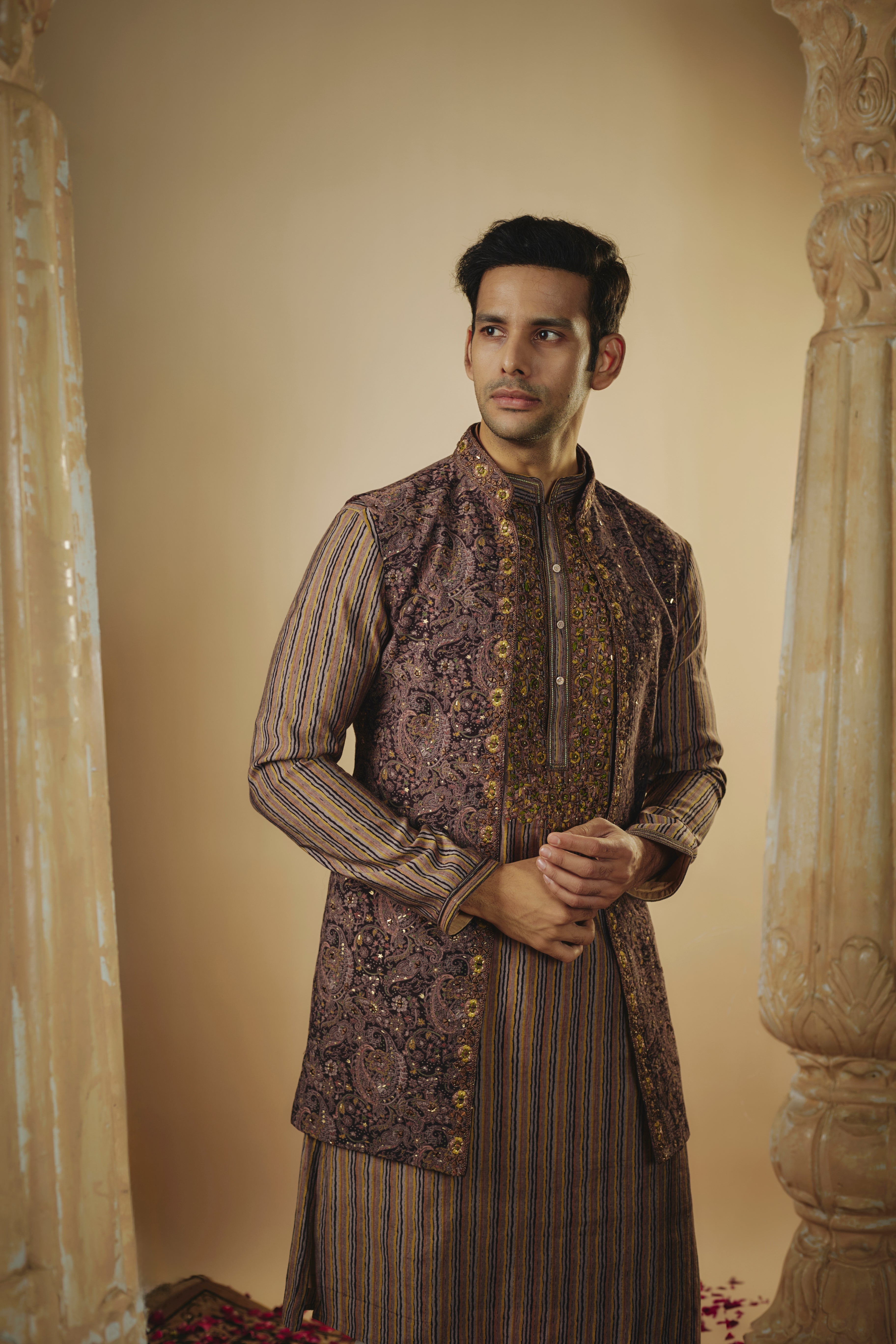 Cocoa brown art silk mirror and thread embroidered kurta jacket set