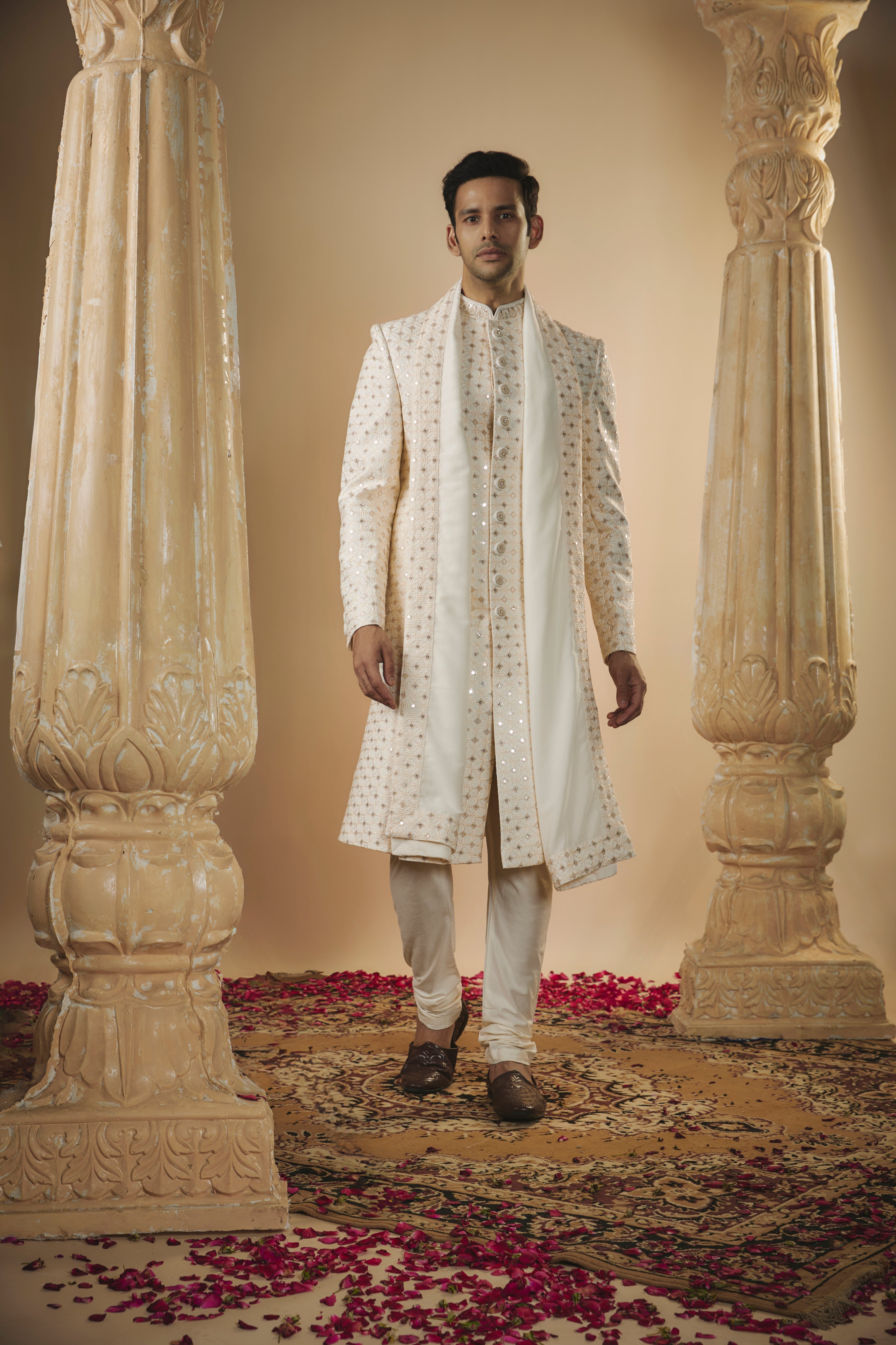 Cream white lucknowi mirrored sherwani set