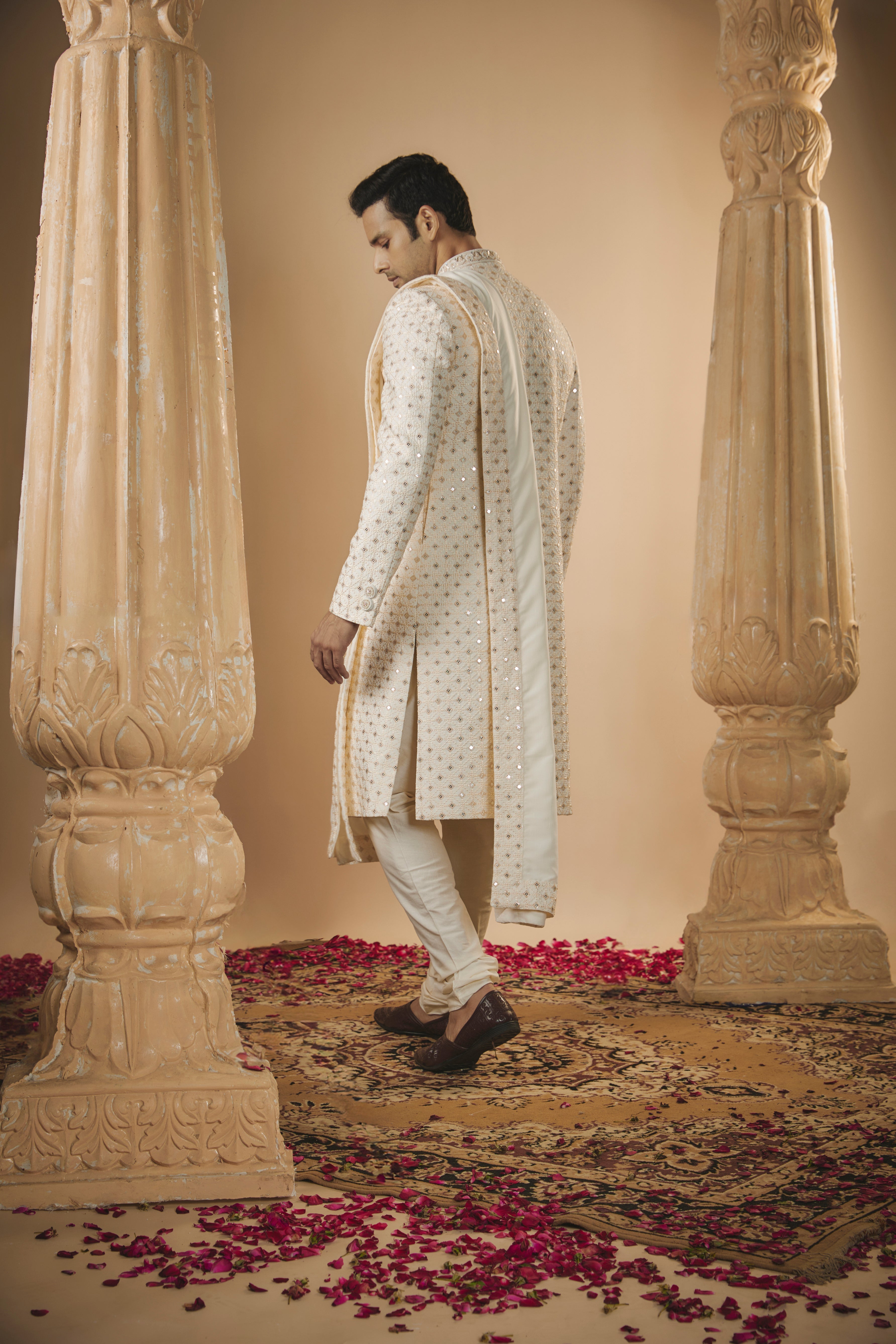 Cream white lucknowi mirrored sherwani set