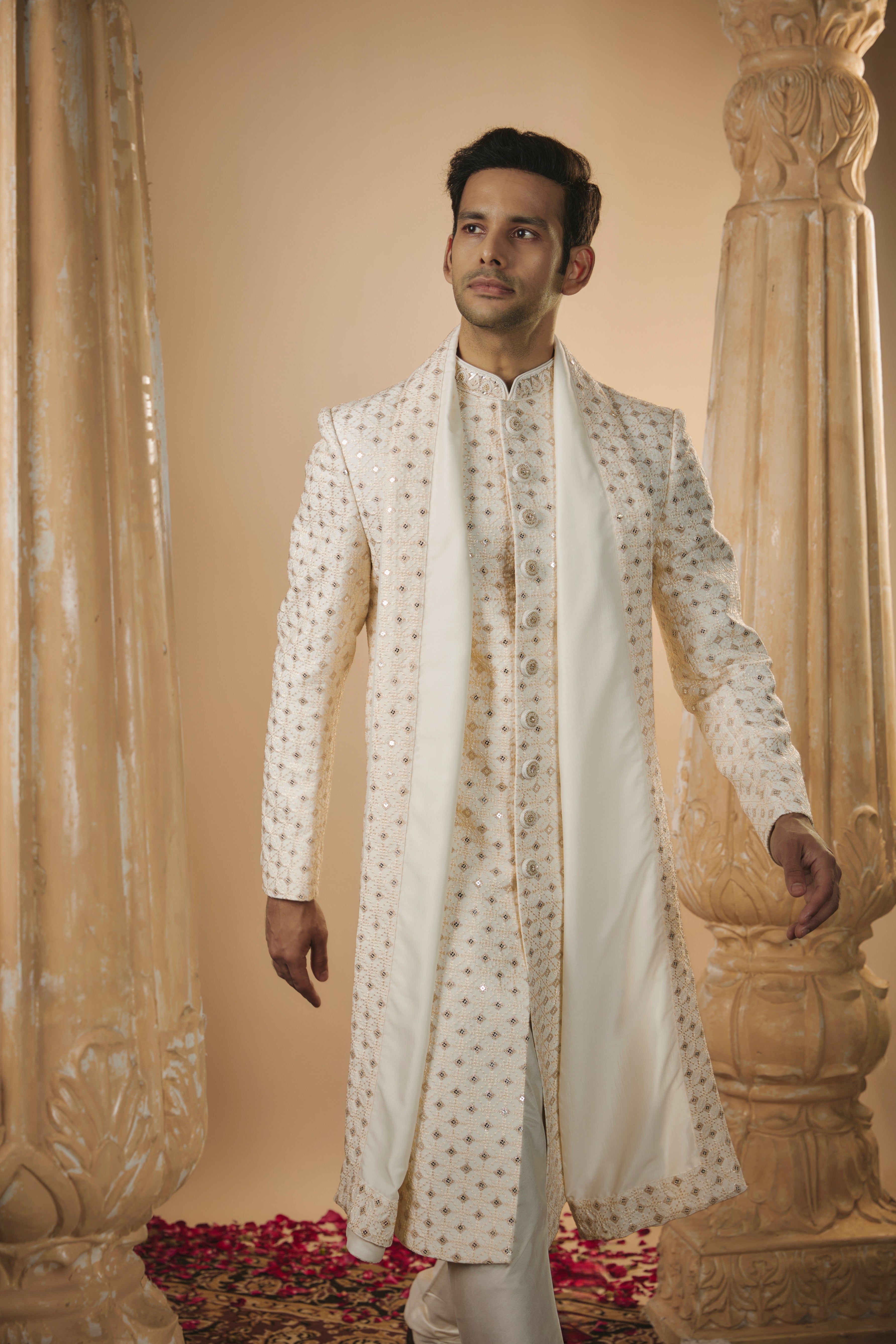 Cream white lucknowi mirrored sherwani set