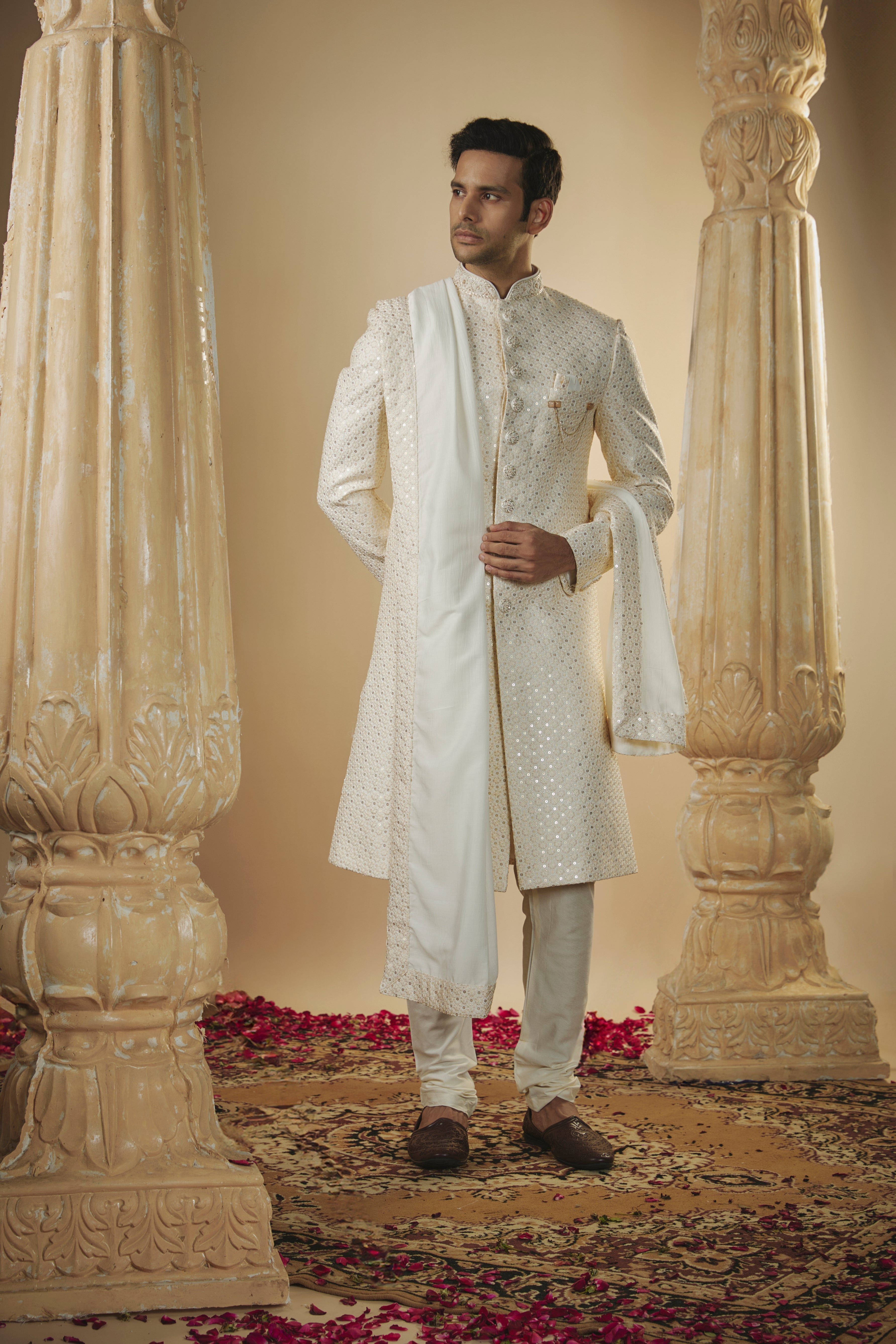 Cream white lucknowi sequinned sherwani set