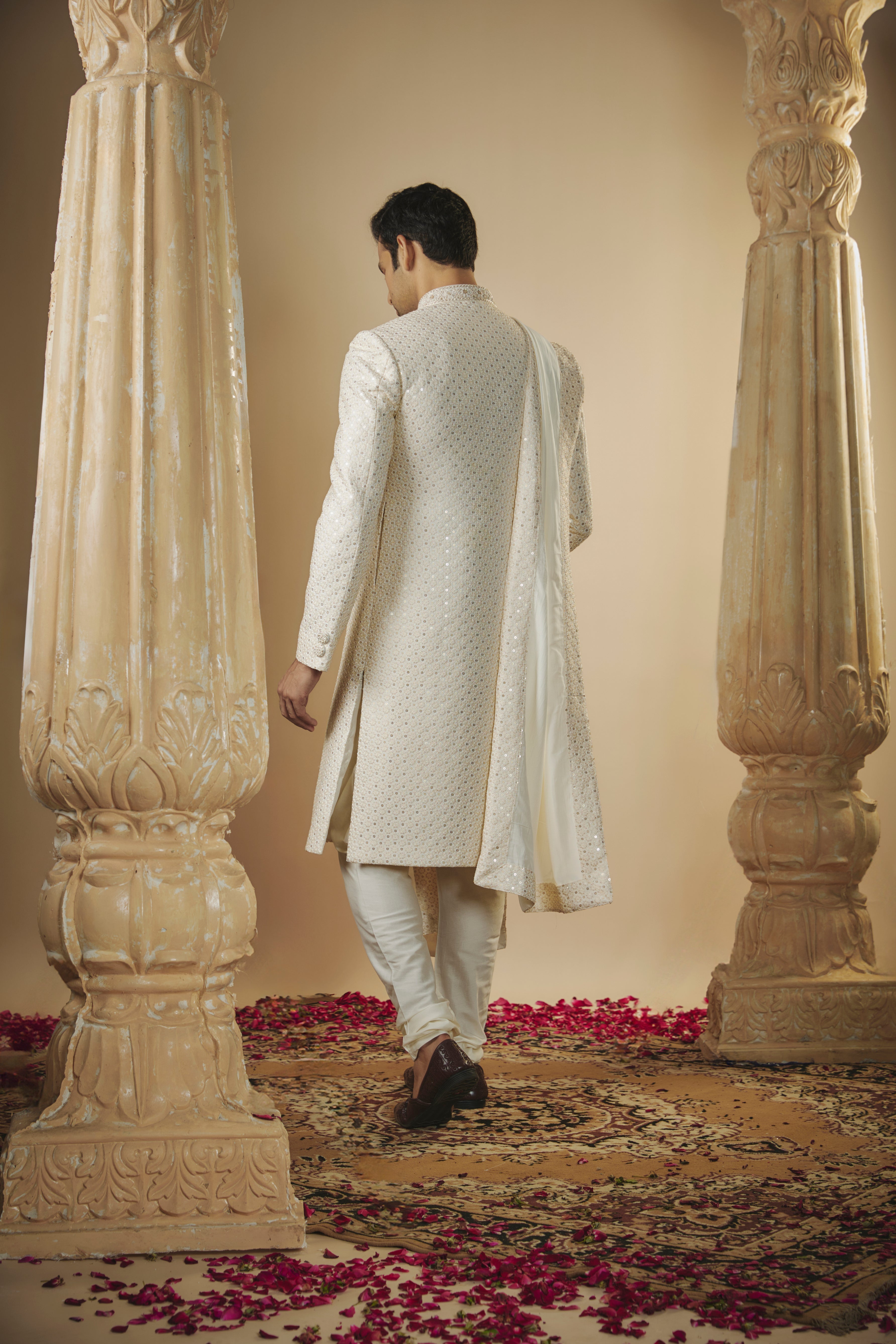 Cream white lucknowi sequinned sherwani set