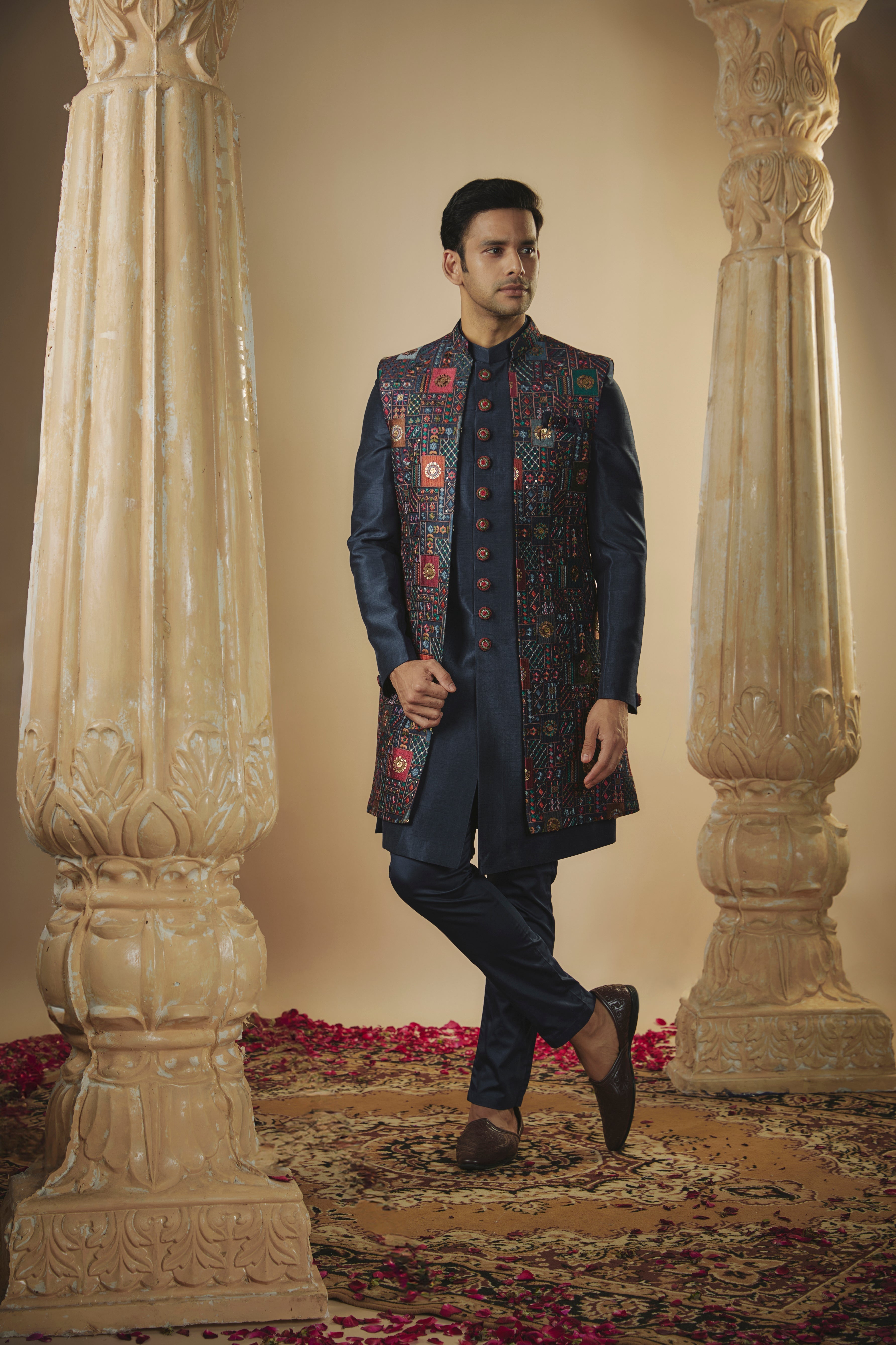 Navy blue plain imported resham embroidered open-indowestern set