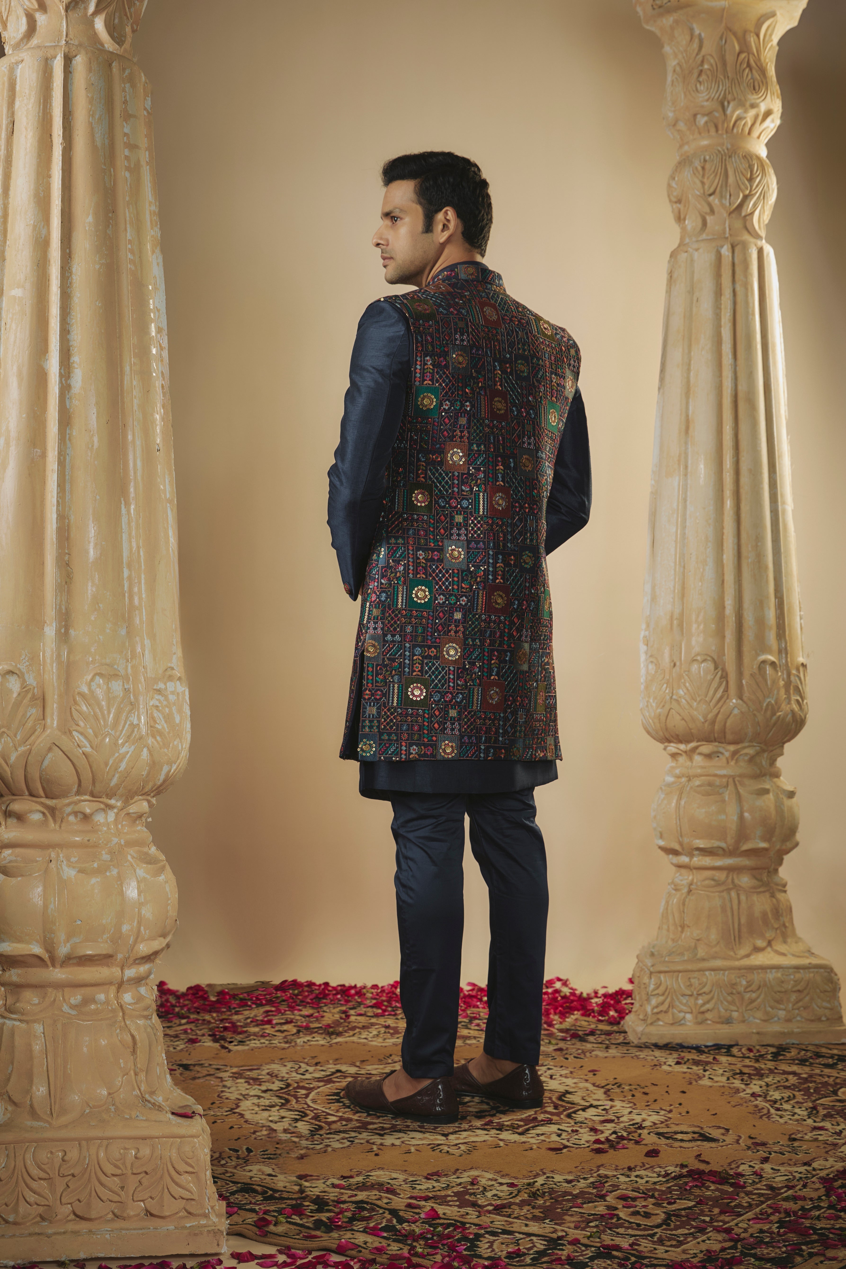 Navy blue plain imported resham embroidered open-indowestern set