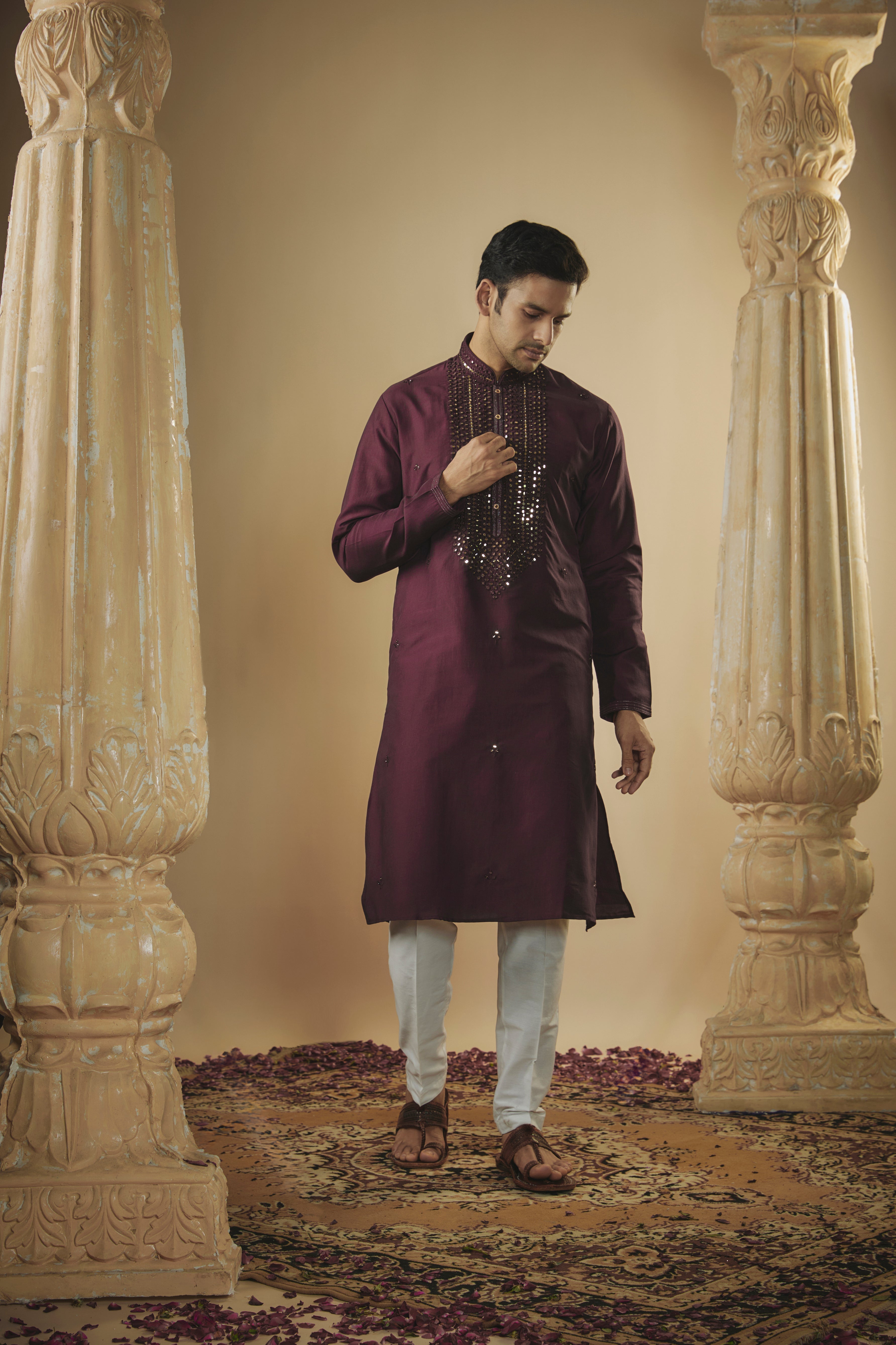 Burgundy art silk mirror embroidered kurta set