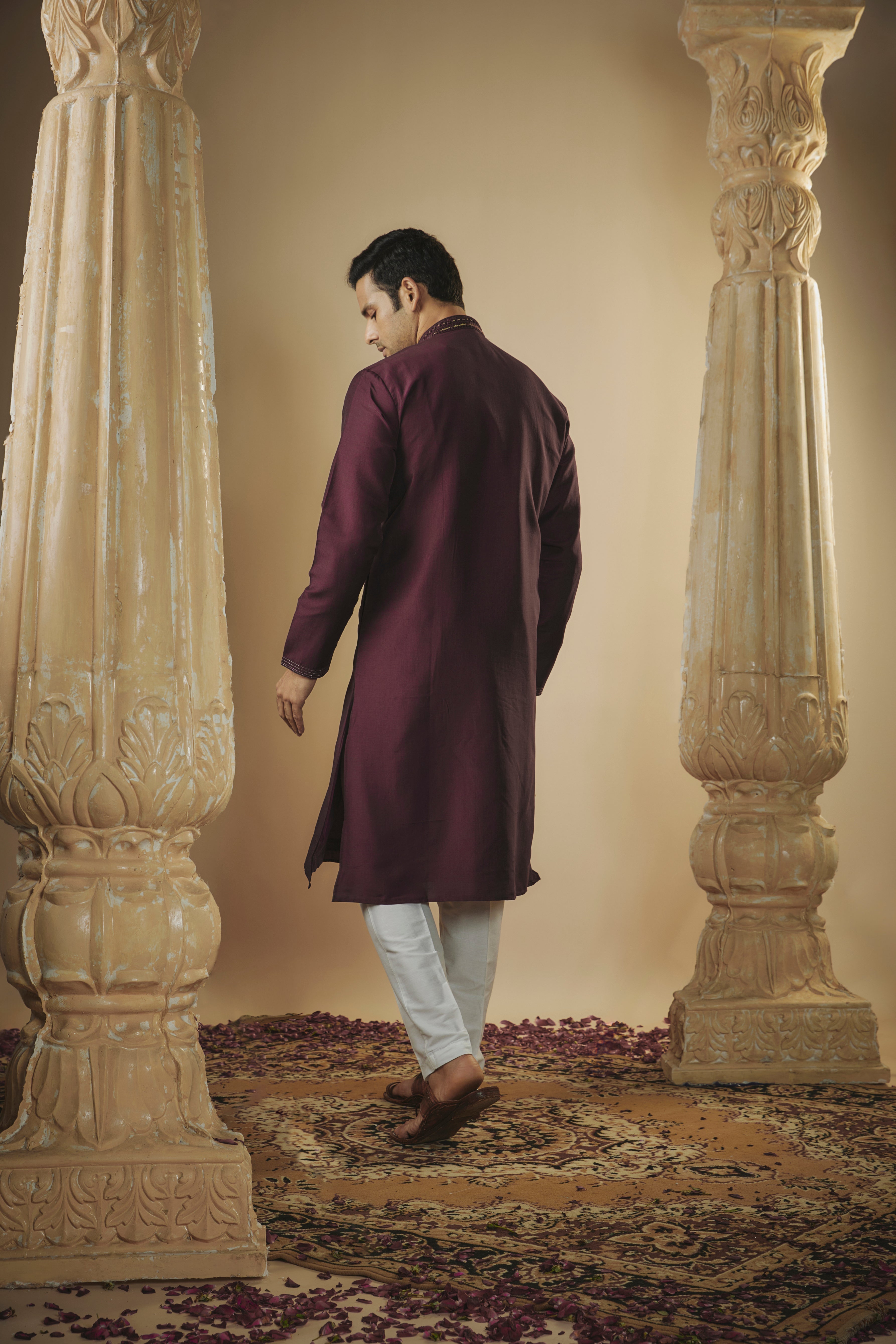 Burgundy art silk mirror embroidered kurta set