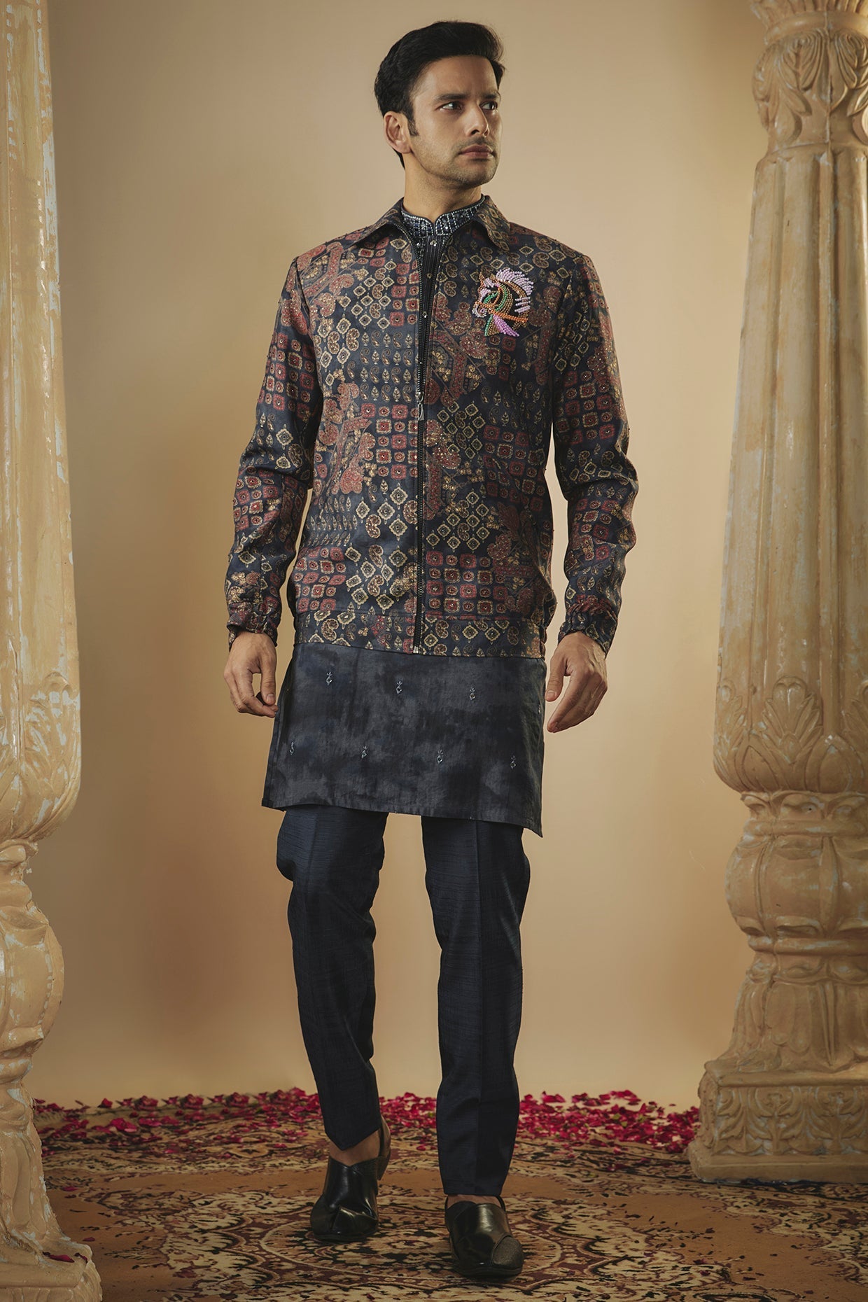Midnight blue digital print art silk mirror and thread work kurta jacket set