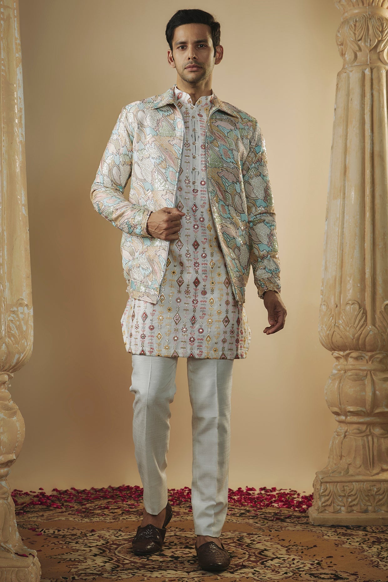 Albaster white lucknowi sequins and resham work kurta jacket set