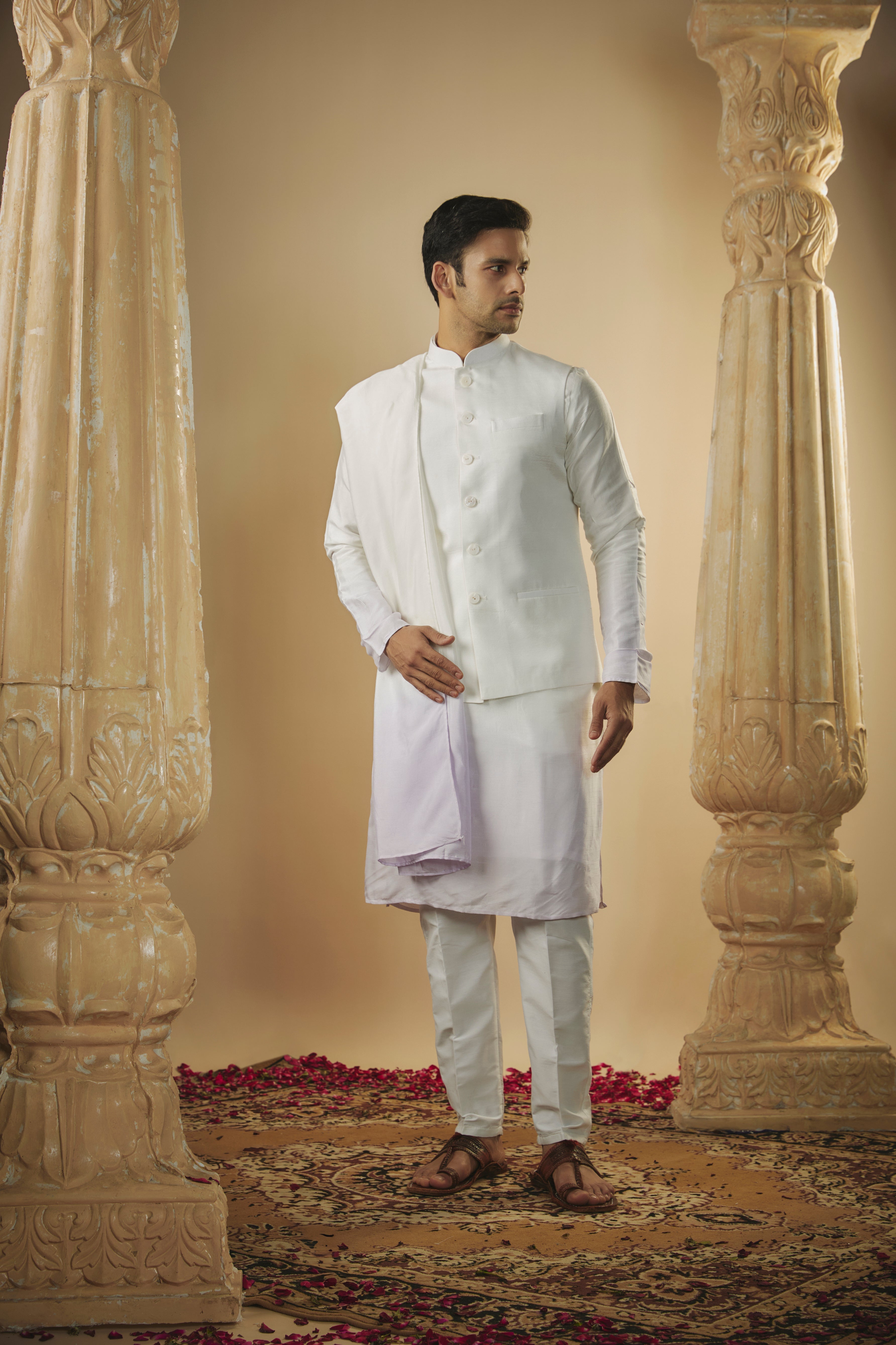 White lavender ombre art silk kurta jacket set