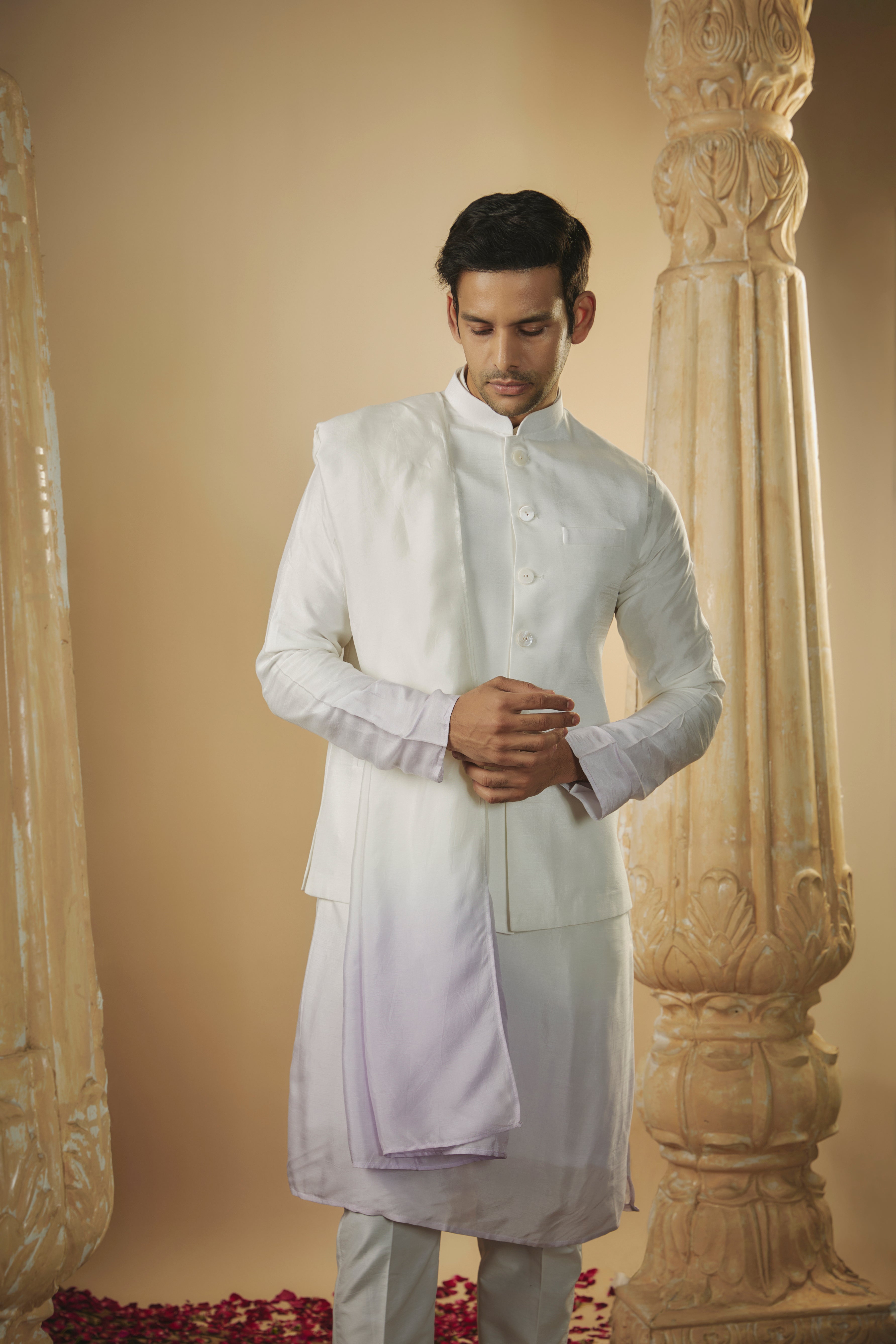 White lavender ombre art silk kurta jacket set