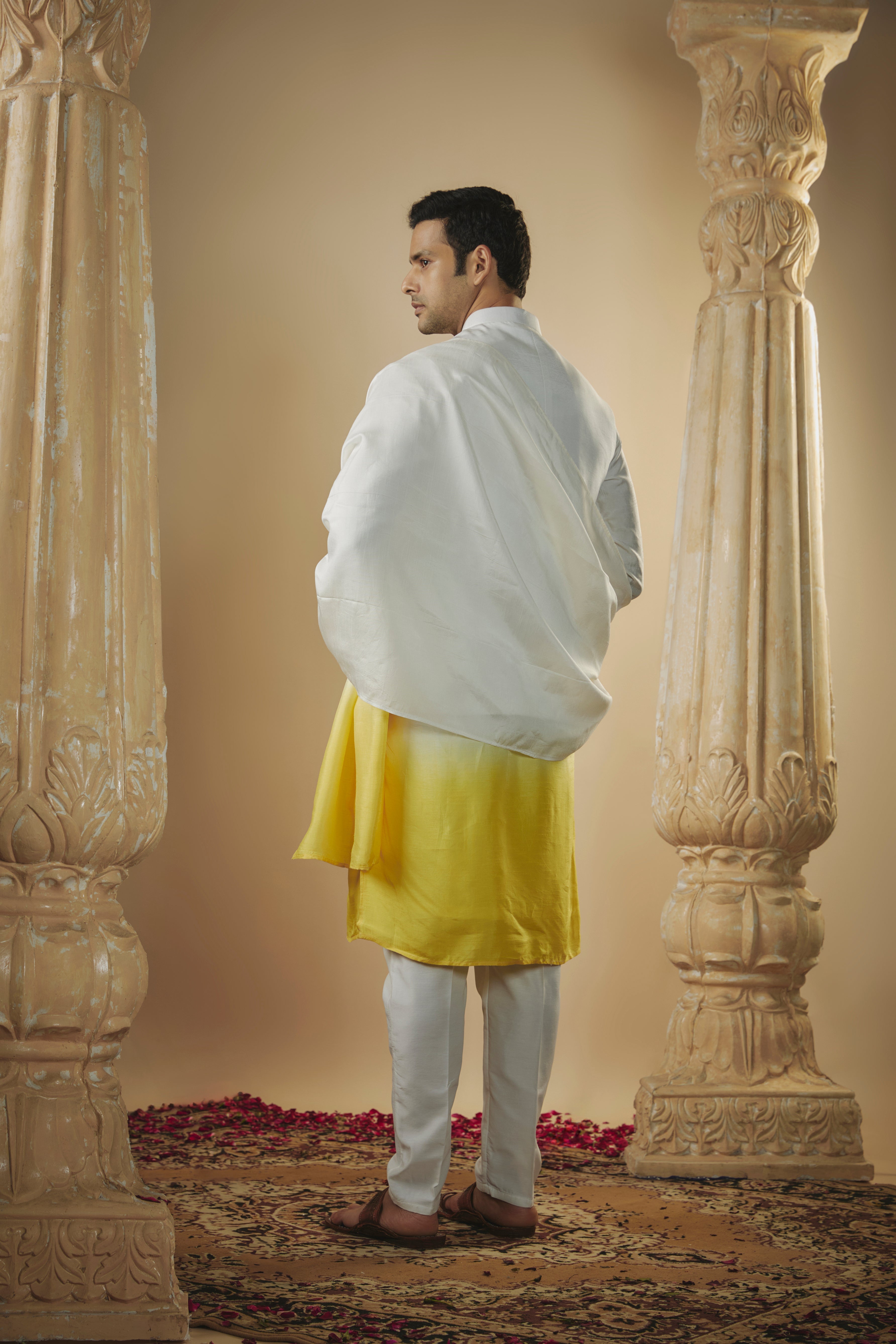 White lemon ombre art silk kurta jacket set