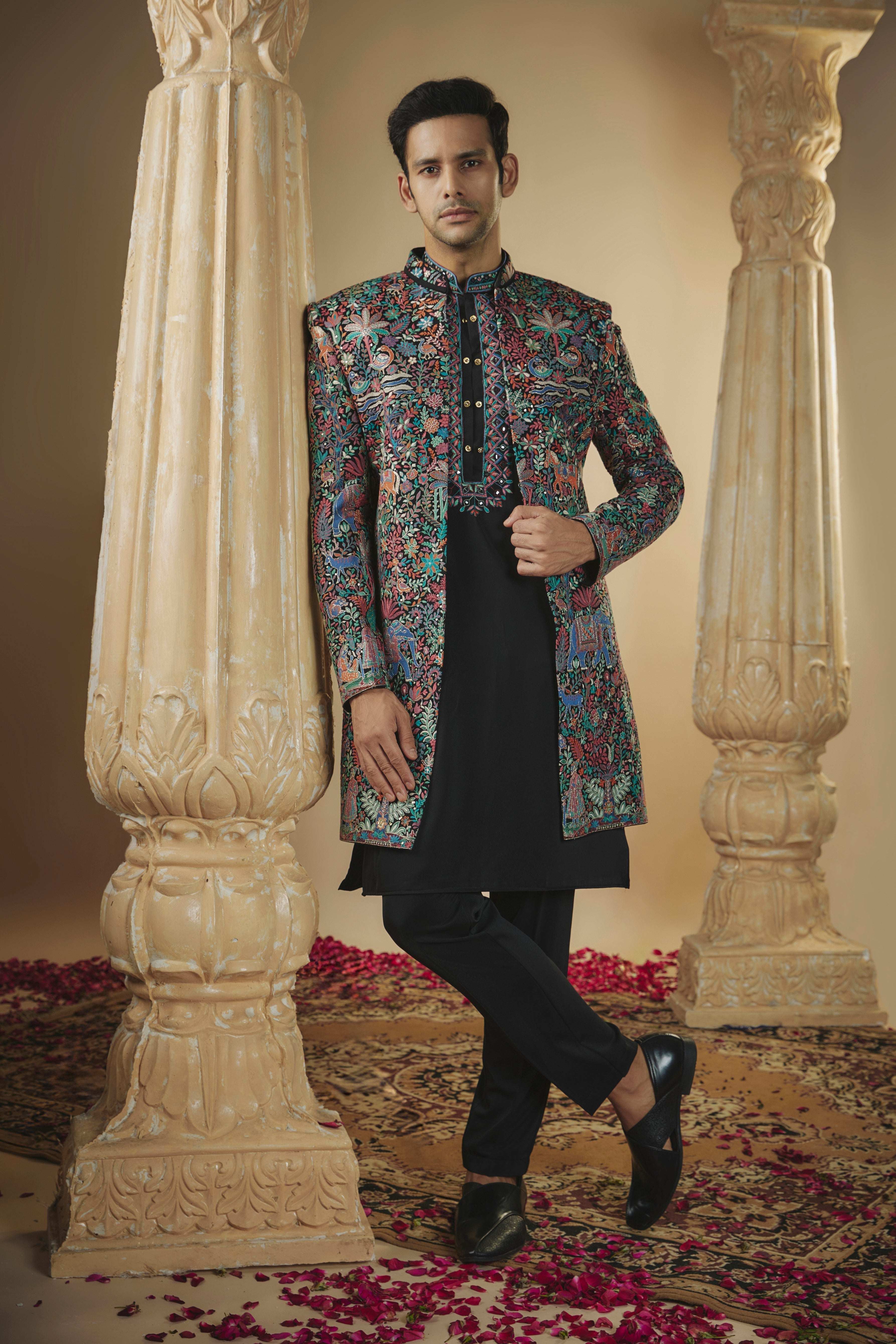 Jade black imported resham embroidered indo-western set