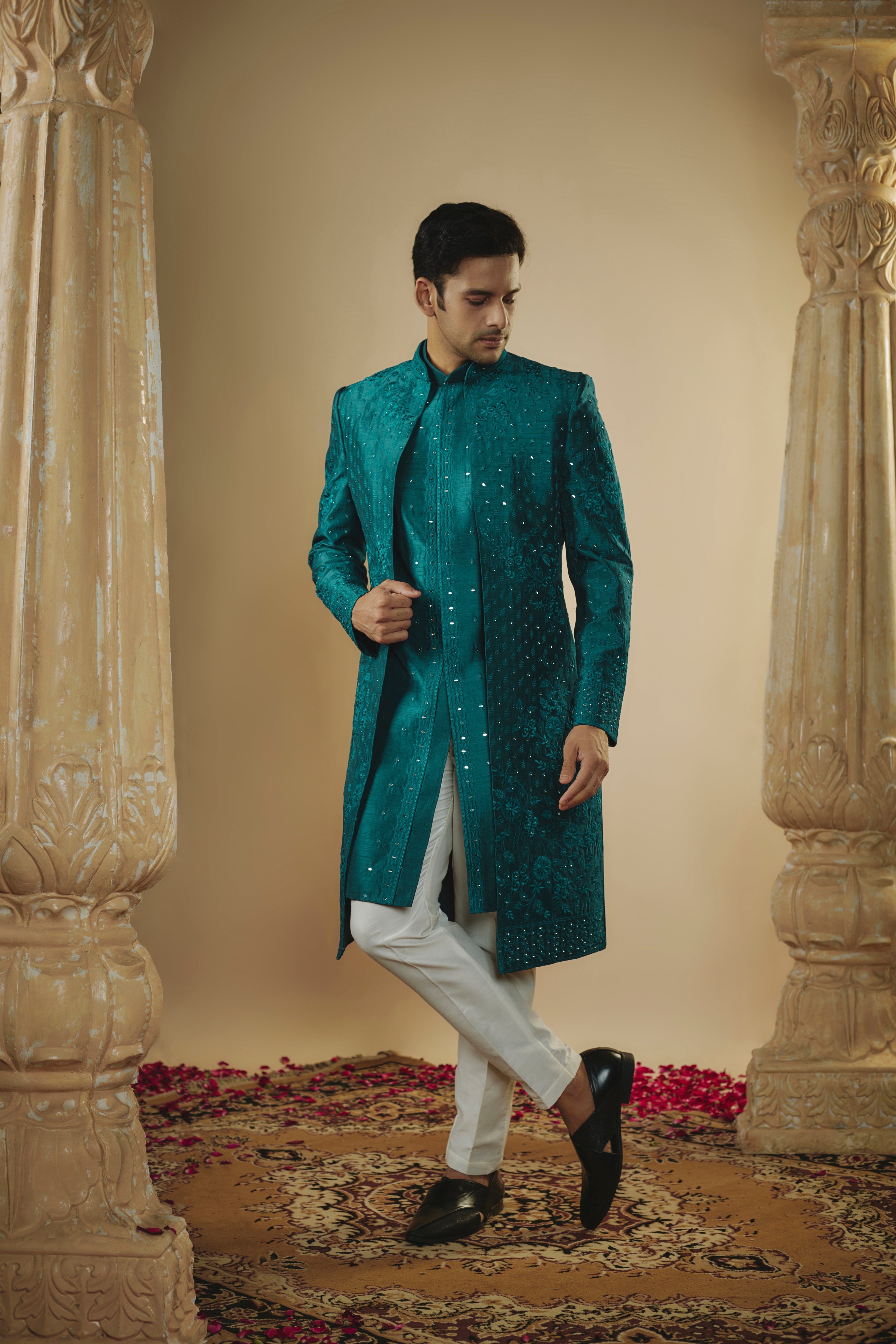 Teal blue art silk mirror embellised open-indowestern set